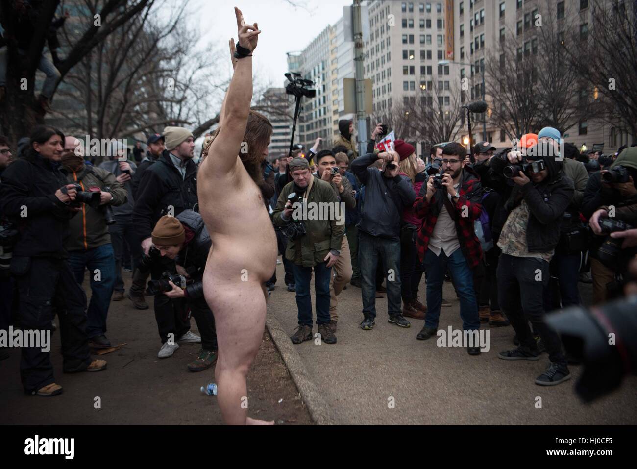 Protestors at the inauguration of President Donald Trump in Washington DC Stock Photo