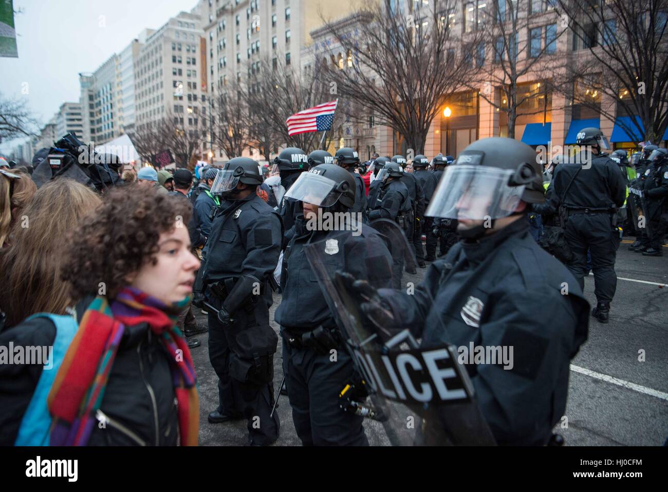 Protestors at the inauguration of President Donald Trump in Washington DC Stock Photo