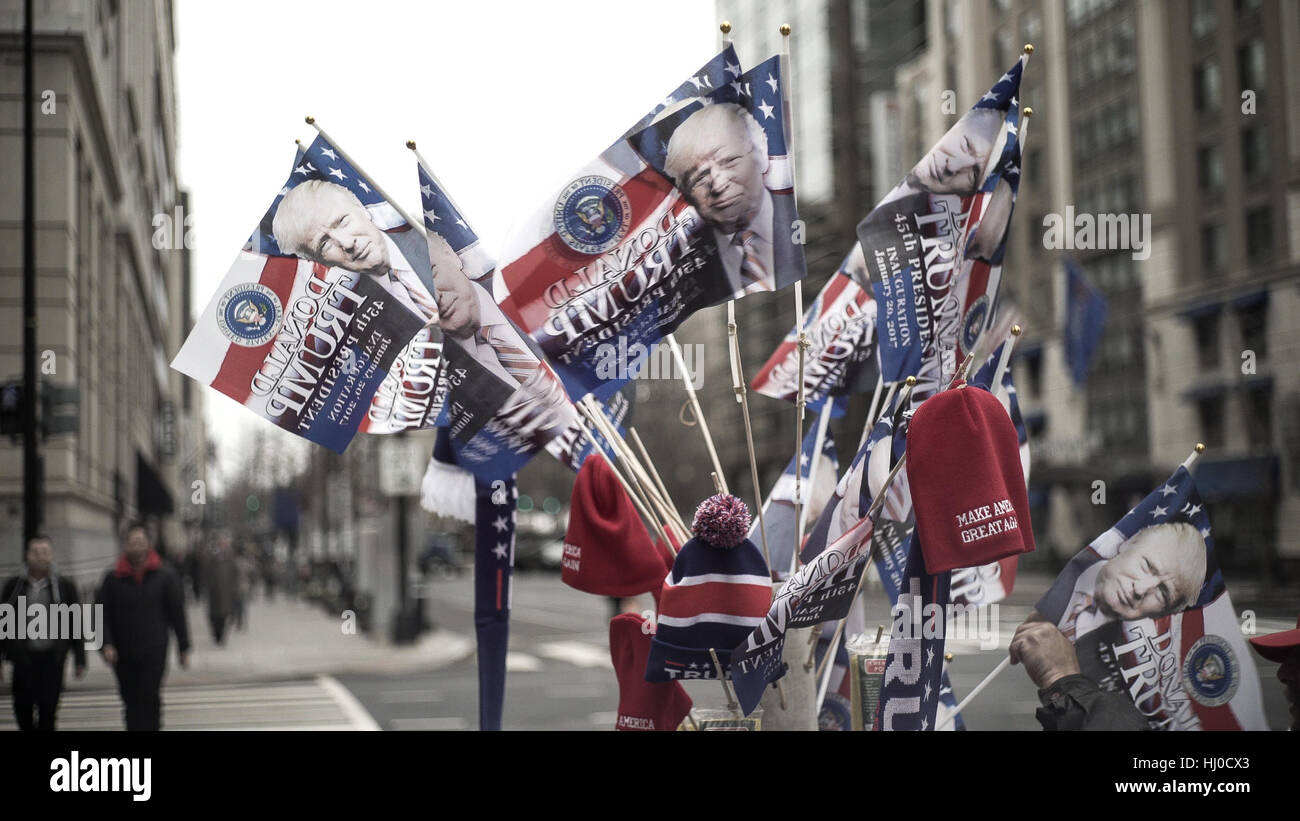 Washington, USA. 20th Jan, 2017. Souvenirs commemerating the inauguration of Donald Trump in Washington, D.C. Estimates are the turnout for the ceremony was around 250,000. For President Obama's two inaugurations the estimates were 1.8 million in 2009 and 1 million in 2013. Credit: Bill Putnam/ZUMA Wire/Alamy Live News Stock Photo