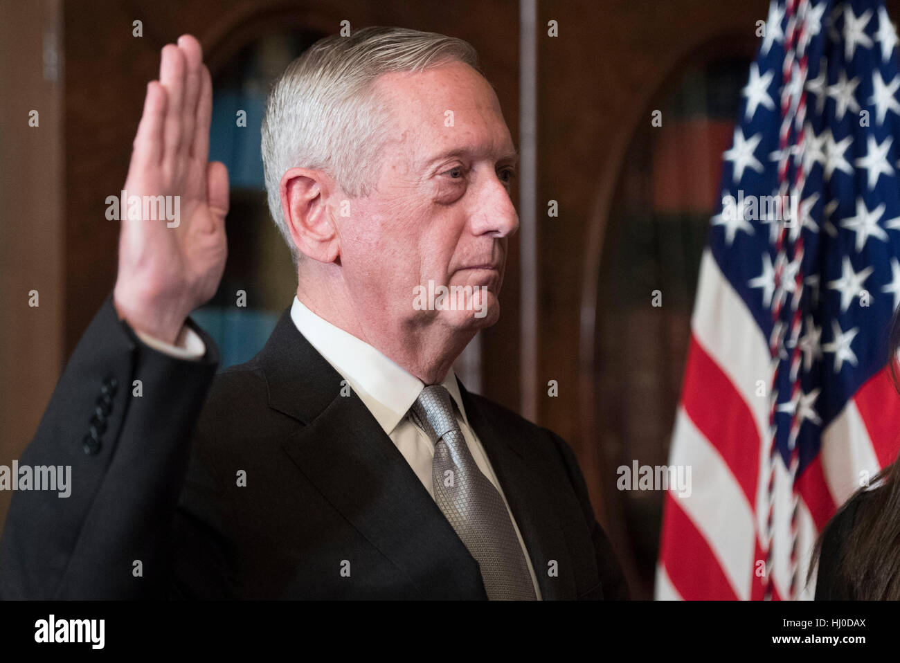 Washington, USA. 20th January, 2017. Marine Corps General James Mattis is sworn-in as Defense Secretary by Vice President Mike Pence (not pictures), in the Vice Presidential ceremonial office in the Executive Office Building in Washington, DC on January 20, 2017. Photo by Kevin Dietsch/UPI /CNP/MediaPunch Credit: MediaPunch Inc/Alamy Live News Stock Photo