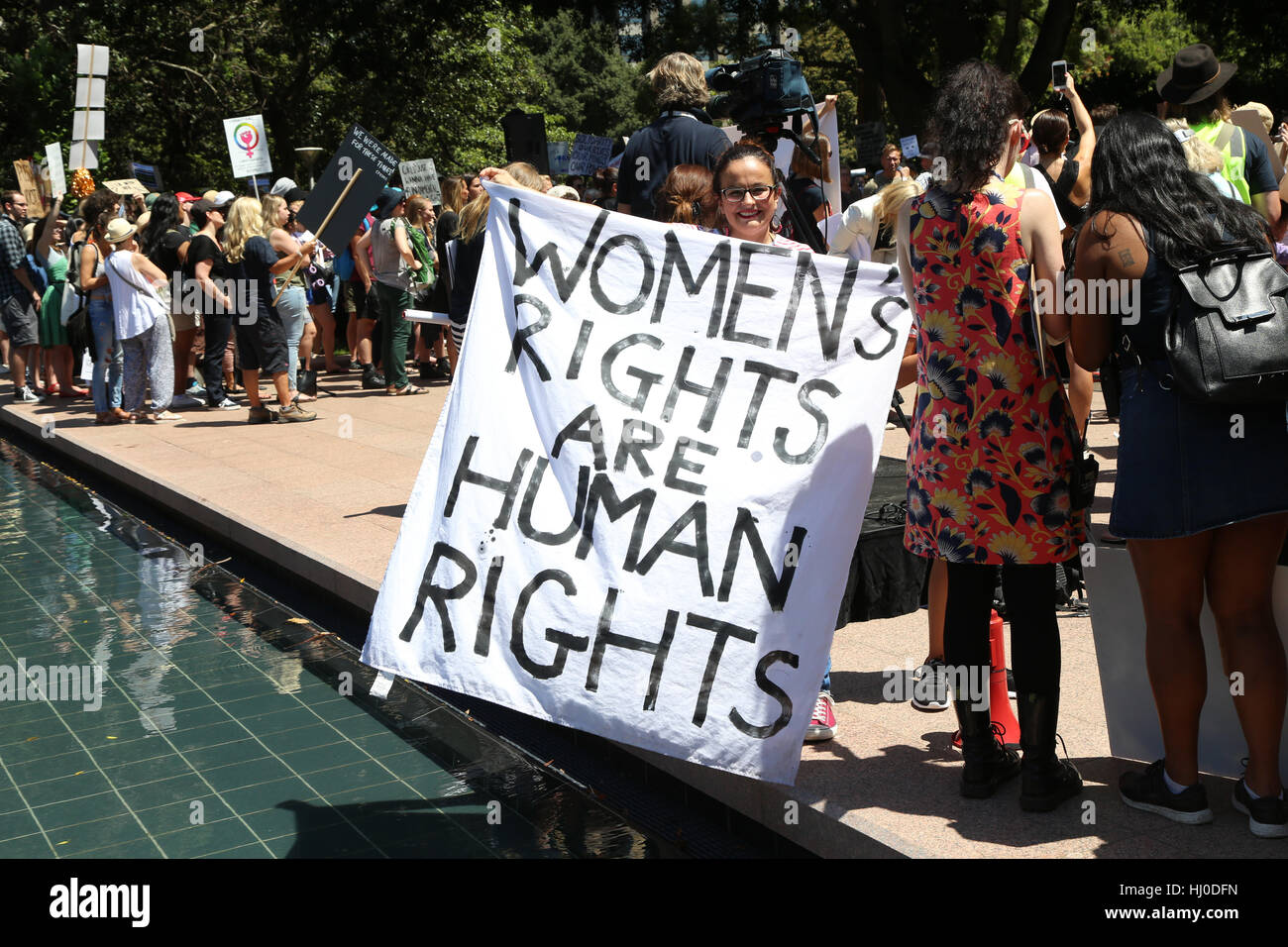 Sydney, Australia. 21 January 2017. Thousands of mainly women gathered in Hyde Park and marched to Martin Place in solidarity with the Women's March movement taking place in Washington, DC and around the world in defence of women’s rights and human rights. Pictured: banner says, ‘women’s rights are human rights’. Credit: © Richard Milnes/Alamy Live News Stock Photo