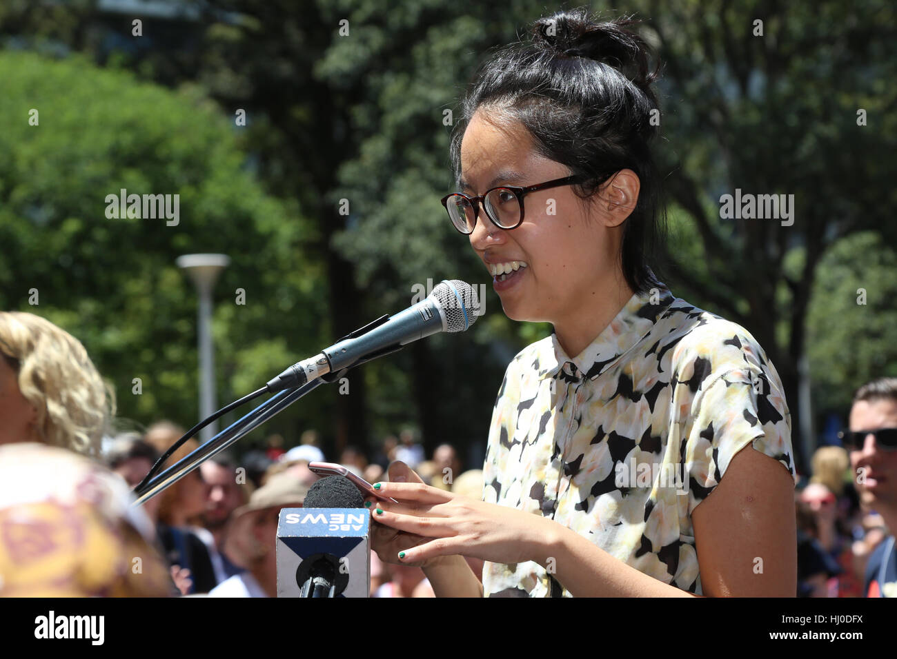 Sydney, Australia. 21 January 2017. Thousands of mainly women gathered in Hyde Park and marched to Martin Place in solidarity with the Women's March movement taking place in Washington, DC and around the world in defence of women’s rights and human rights. Pictured: a feminist speaker at the rally. Credit: © Richard Milnes/Alamy Live News Stock Photo