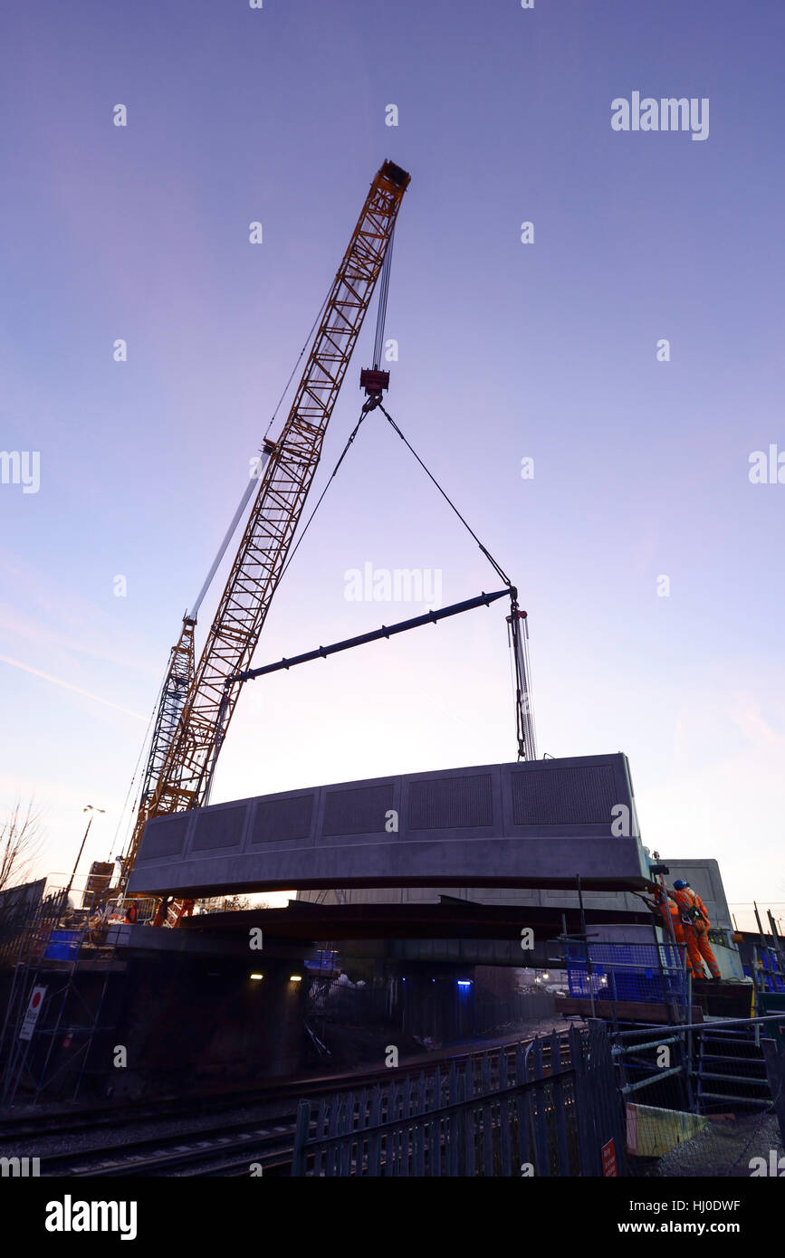 Chester, UK. 21st January 2017. Installation of a concrete road bridge