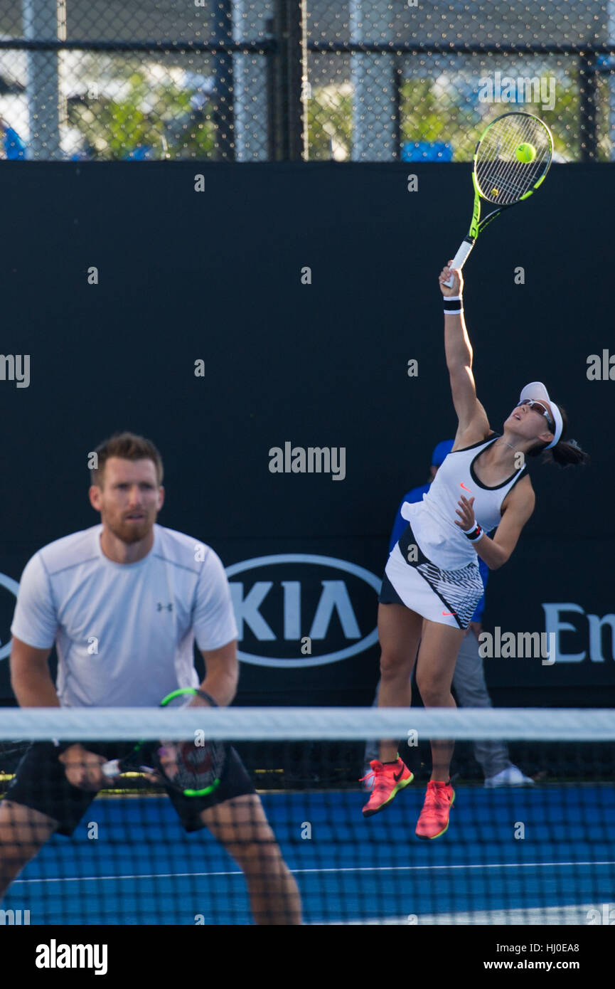 Melbourne, Australia. 21st Jan, 2017. Zheng Saisai (R) of China and Alexander Peya of Austria compete during the mixed doubles first round match against Sally Peers and her brother John Peers of Australia at the Australian Open Tennis Championships in Melbourne, Australia, Jan. 21, 2017. Zheng Saisai and Alexander Peya won 2-0. Credit: Bai Xue/Xinhua/Alamy Live News Stock Photo