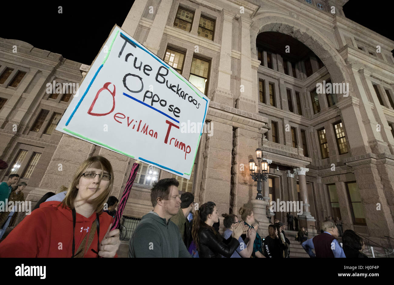 Austin, USA. 21st Jan, 2017. Austin, Texas USA Jan. 20, 2017: Thousands of LGBTQ Texans rally at the Texas Capitol protesting the inauguration of Donald Trump as 45th President of the United States. The event, one of many in Texas Friday, mirrored dozens nationwide with no arrests reported. Credit: Bob Daemmrich/Alamy Live News Stock Photo
