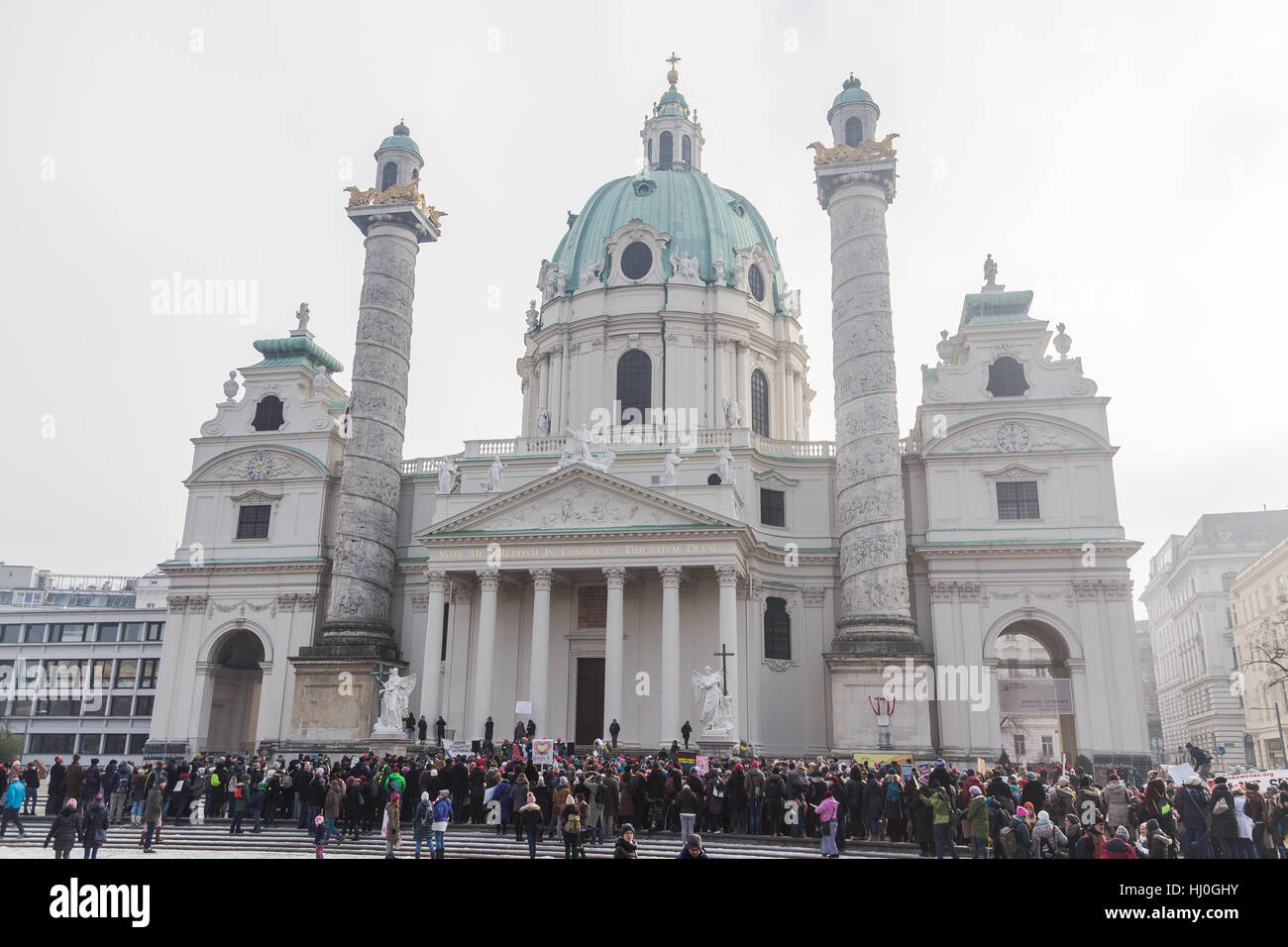 Vienna, Austria. 21st Jan, 2017. Demonstrators at a march outside Karlskirche in Vienna Austria, following the start of Donald Trump's presidency of the United States of America. Credit: Mike Clegg/Alamy Live News. Stock Photo