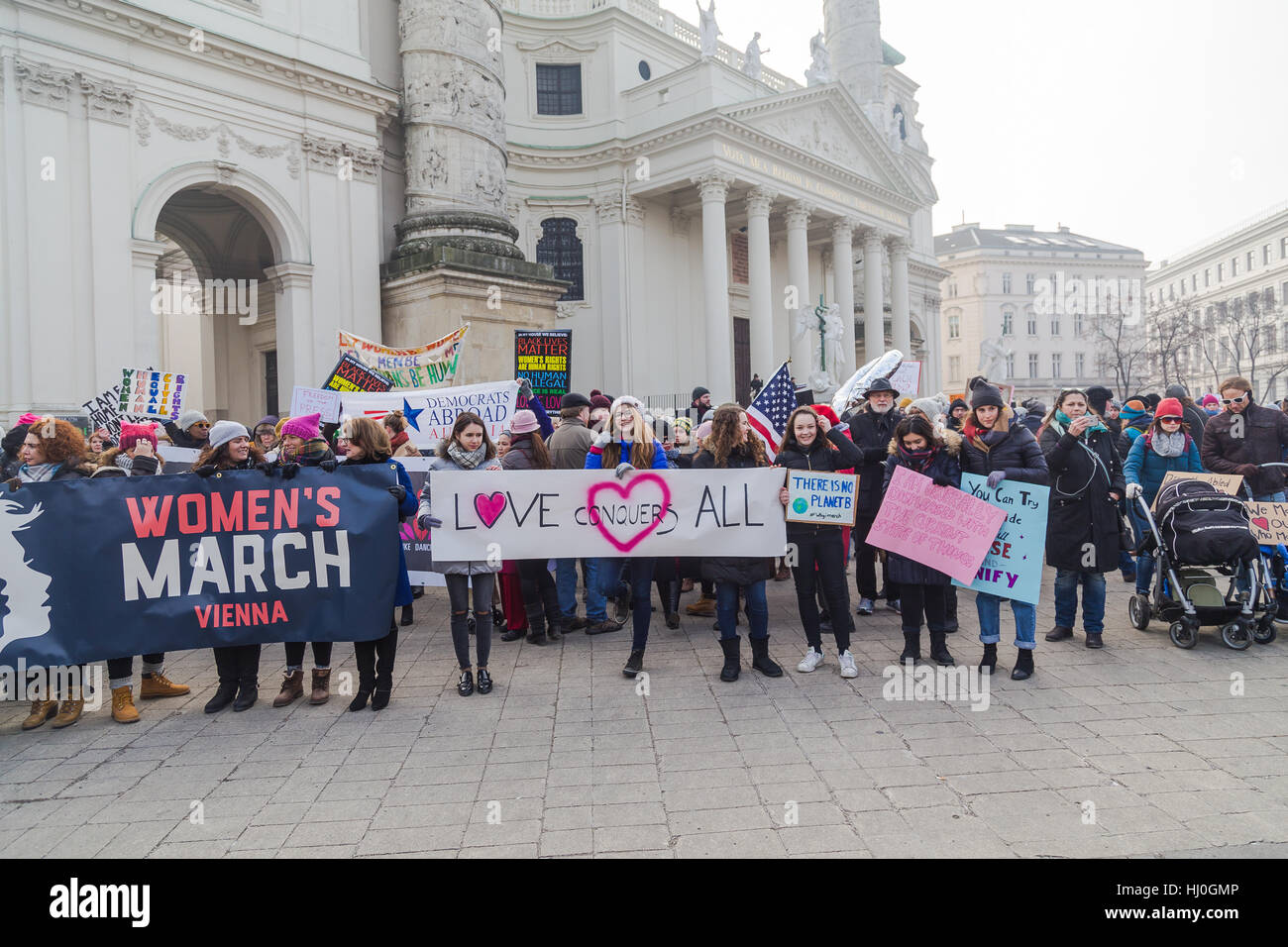 Vienna, Austria. 21st Jan, 2017. A peaceful protest in Vienna Austria, following the start of Donald Trump's presidency of the United States of America. Credit: Mike Clegg/Alamy Live News. Stock Photo
