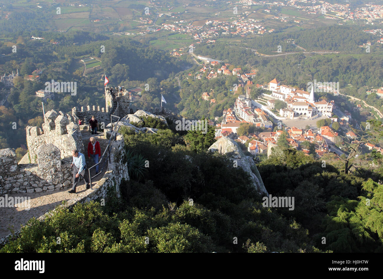 Sintra, Portugal. 11th Dec, 2015. Vie from Castelo dos Mouros, one of the hilltop palaces built by the Moors in the 8th or 9th century on the Palacio Nacional de Sintra in Sintra, Portugal, 11 December 2015. Since 1995, the cultural landscape of Sintra has been on the UNESCO list of world heritage sites. - NO WIRE SERVICE - Photo: Hauke Schröder/dpa-Zentralbild/ZB/dpa/Alamy Live News Stock Photo