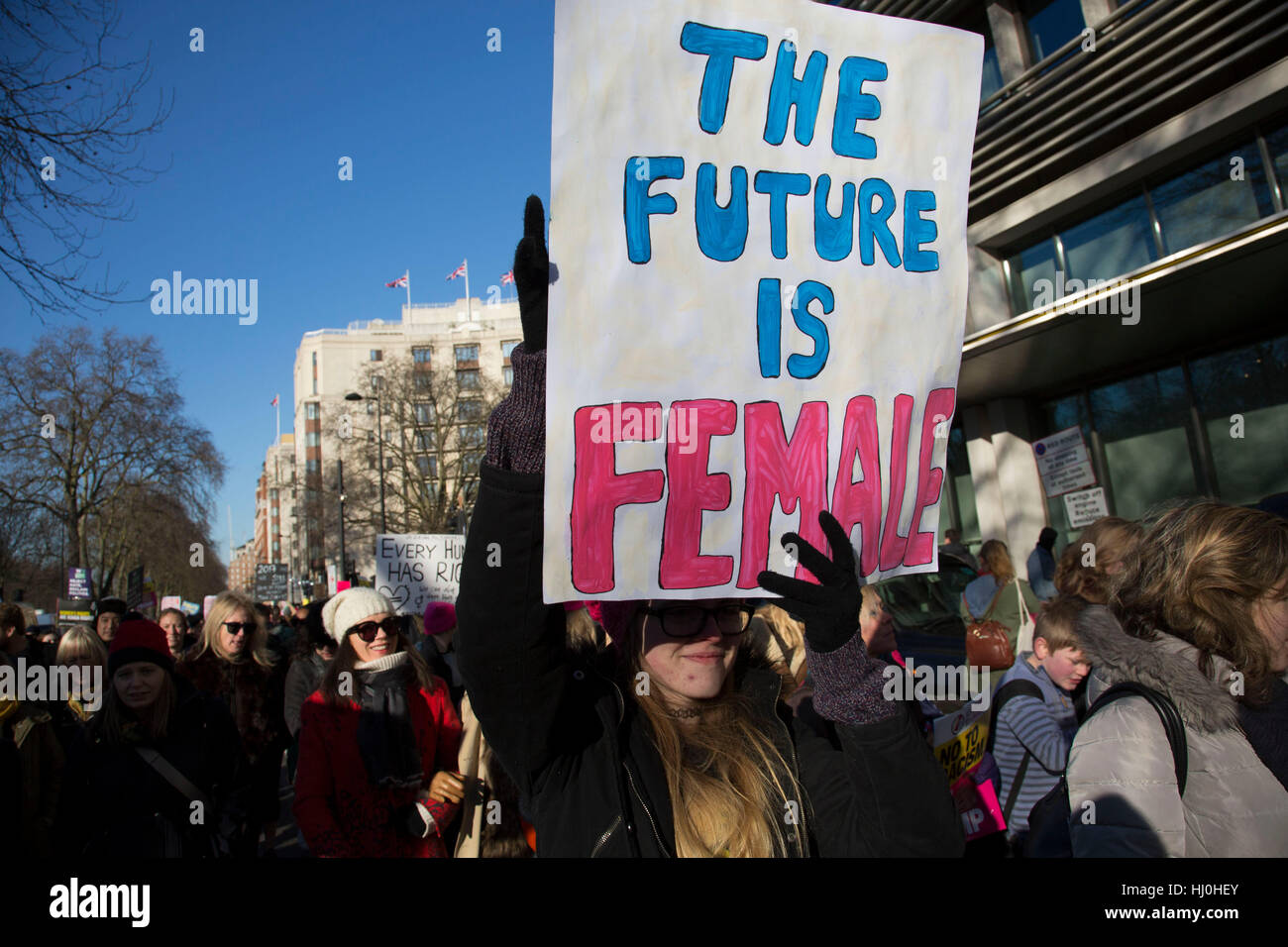London, UK. 21st January, 2017. Women’s March on London to coincide with the first day of Donald Trump’s Presidency on January 21st 2017 in London, United Kingdom. Women-led marches, welcoming all participants, took place across the world, as people of all genders marched in London as part of an international day of action in solidarity. The march, was for the protection of fundamental rights and for the safeguarding of freedoms threatened by recent political events. Credit: Michael Kemp/Alamy Live News Stock Photo