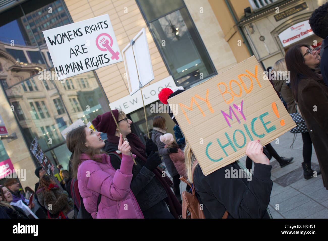 Cardiff, Wales. 21st Jan, 2017. Protesters taking part in the Women's March on Queen Street, as part of a movement against Donald Trump. Credit: Aimee Herd/Alamy Live News Stock Photo