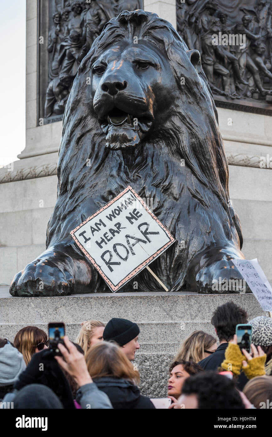 London, UK. 21st January, 2017. I am Woman Hear Me Roar - Women's March on London - a grassroots movement of women has organised marches around the world to assert the 'positive values that the politics of fear denies' on the first day of Donald Trump’s Presidency. Their supporters include: Amnesty International, Greenpeace, ActionAid UK, Oxfam GB, The Green Party, Pride London, Unite the Union, NUS, 50:50 Parliament, Stop The War Coalition, CND. Credit: Guy Bell/Alamy Live News Stock Photo