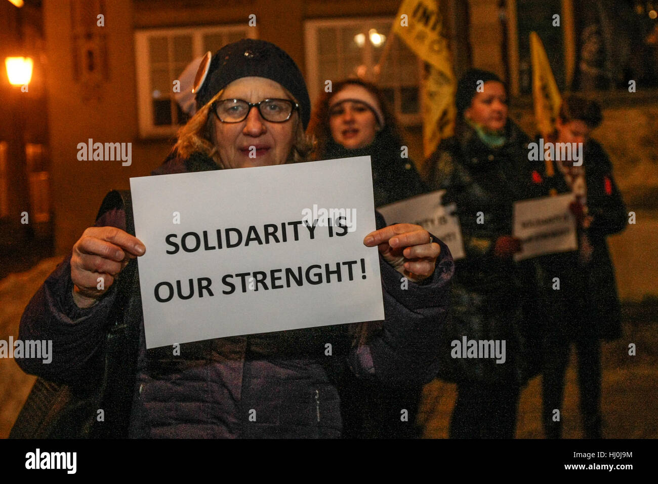 Gdansk, Poland. 21st January, 2017. Demonstrators with equality slogans on posters are seen on January 21st, 2017 in Gdansk, Poland. Polish woman protest to support The Women's March on Washington which will send a bold message to new US Donald Trump administration on their first day in office, and to the world that women's rights are human rights. Credit: Michal Fludra/Alamy Live News Stock Photo