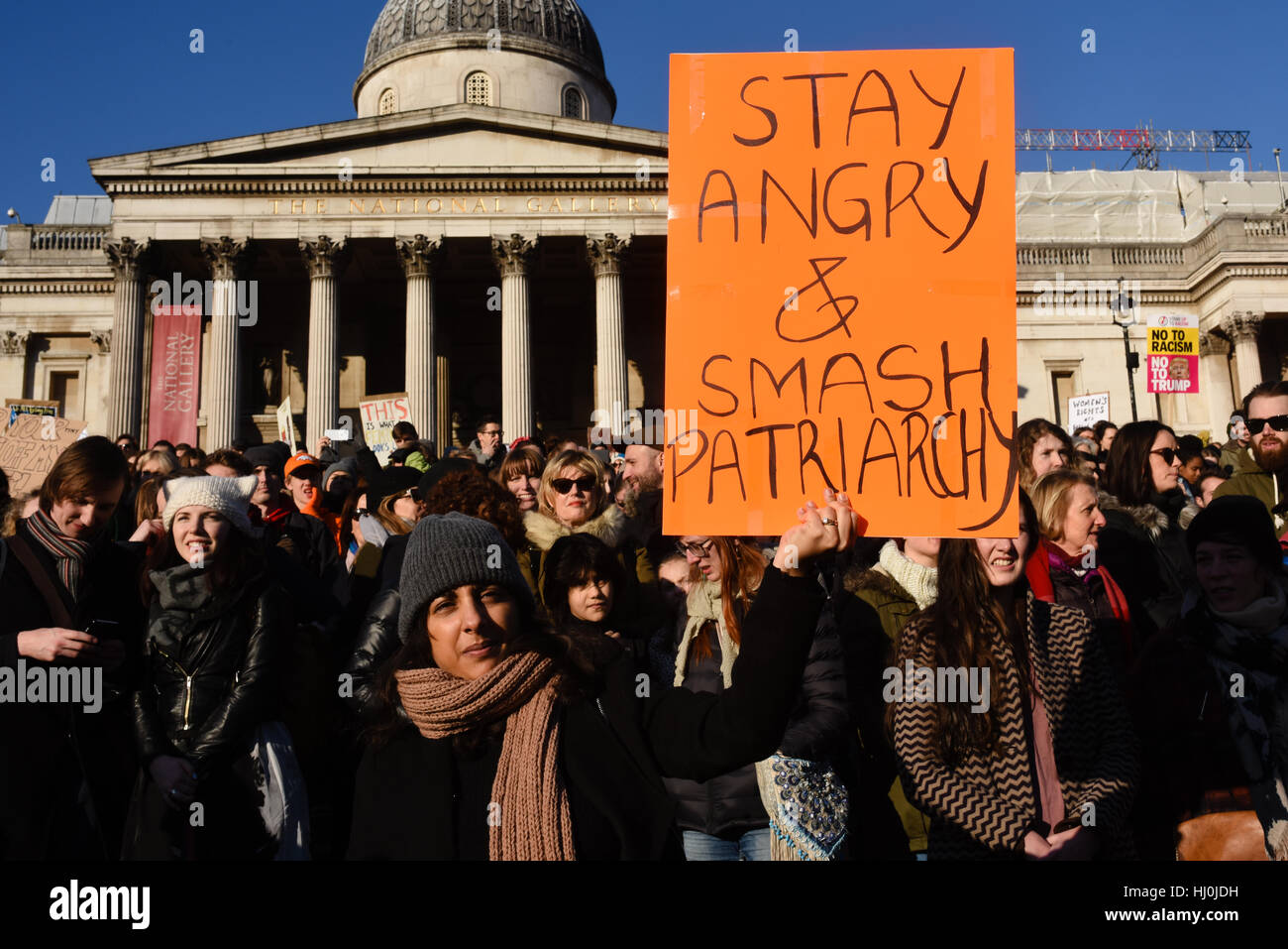 London, UK. 21st Jan, 2017. Protesters at the Women's March to oppose Donald Trump gathered at Trafalgar Square after marching for a large rally. The march began at the US Embassy in Grosvenor Square. Credit: Jacob Sacks-Jones/Alamy Live News. Stock Photo