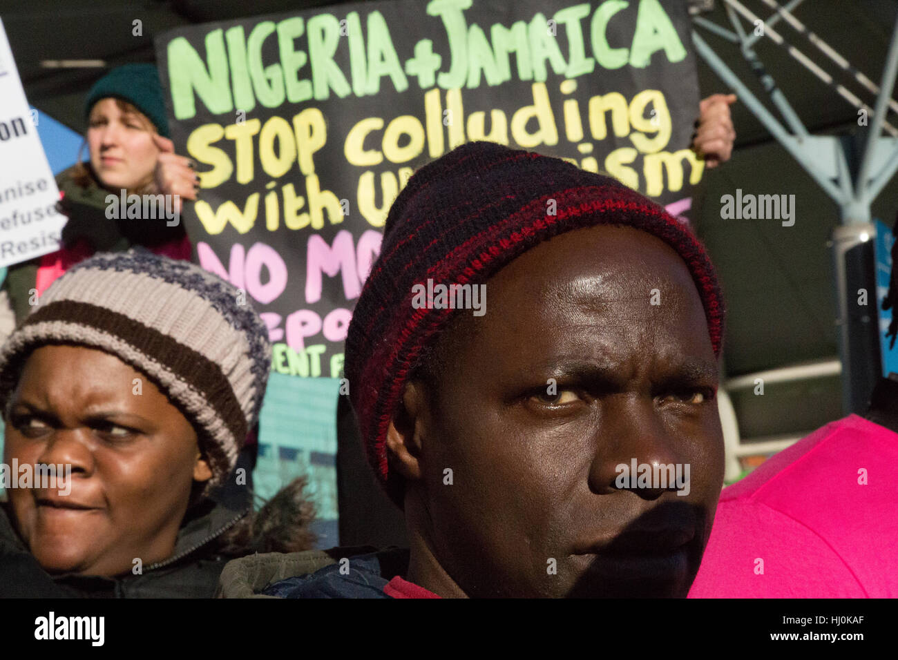 London UK 21st Jan 2017 protesters carring placards march thtough Peckham against the goverments mass Deportation Charter Flights to Nigeria, chana and Jamaica. Credit: Thabo Jaiyesimi/Alamy Live News Stock Photo