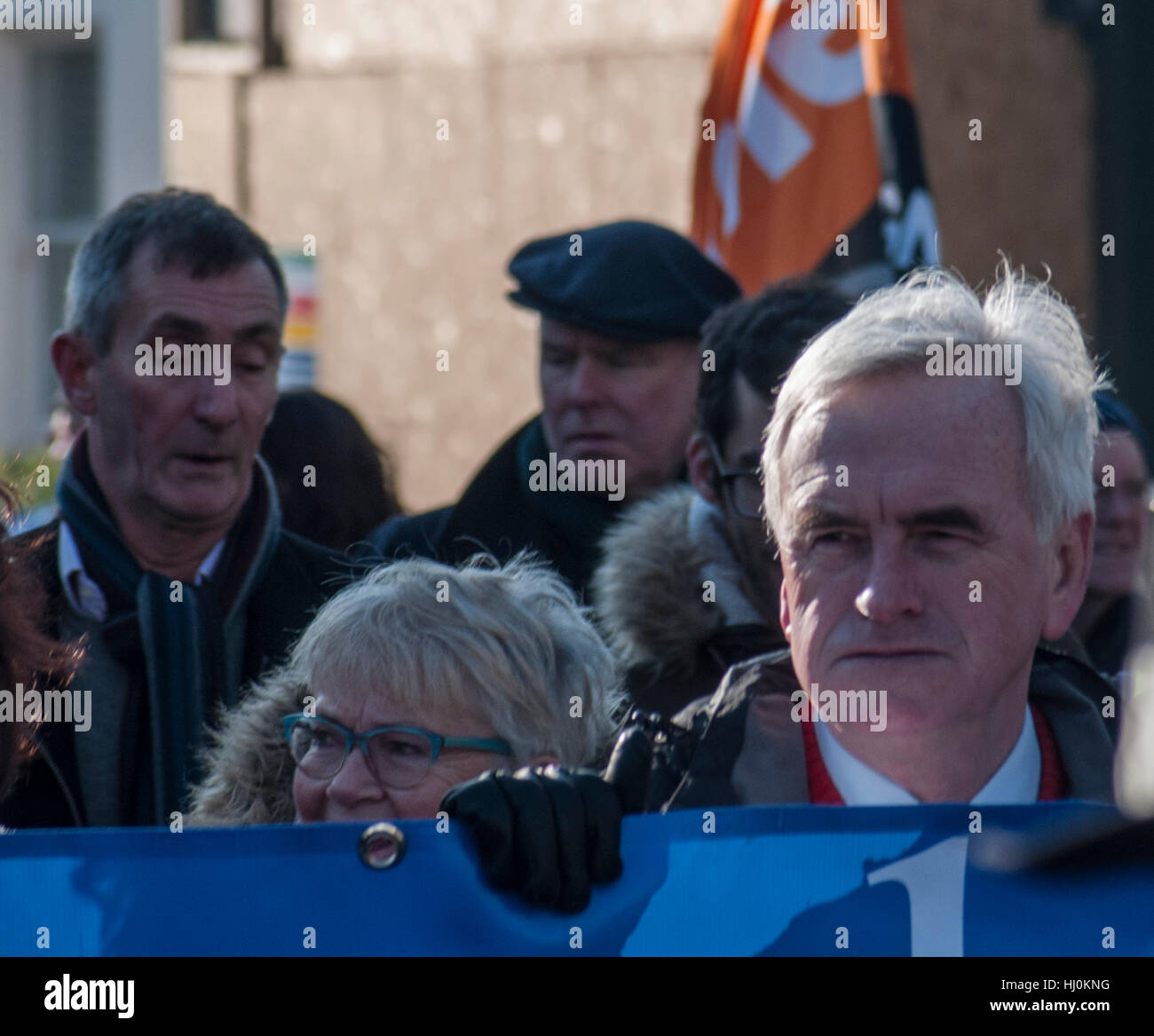 Brighton, Sussex, UK..21 January 2017..Hundreds of campaigners fighting to save the NHS attended a march & rally on the South Coast. Labour Shadow Chancellor John McDonnell addressed the rally at Brighton Station citing Tory underfunding of Health & Social Care.. Stock Photo