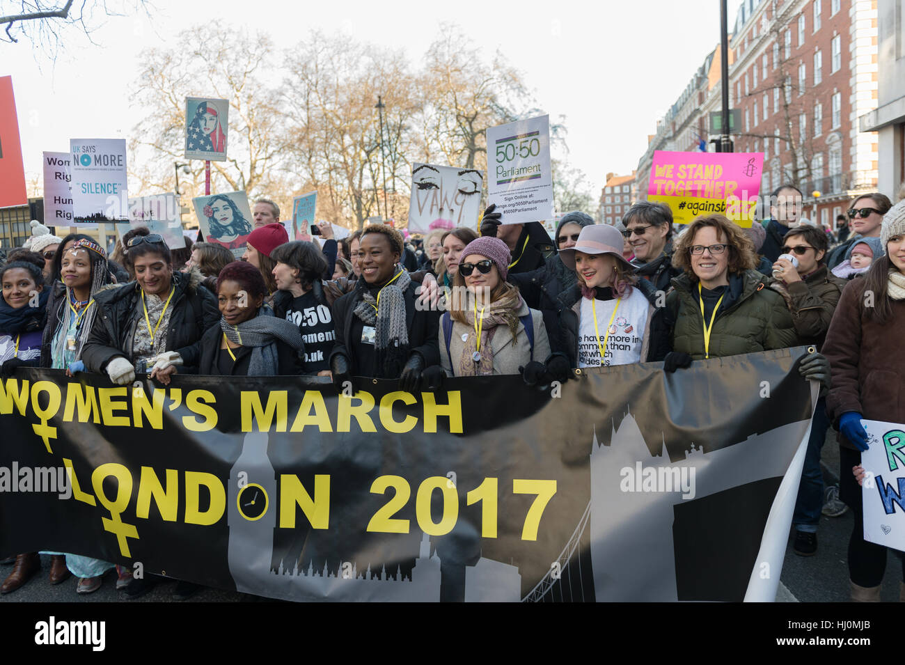 London, UK. 21st January 2017. Around 100,000 people attended 'Women's March on London' as part of a global day of action on the first day of Donald Trump's presidency. Participants marched from the location of the American embassy in Grosvenor Square to Trafalgar Square in a protest against the 'politics of fear' as well as to defend human rights for all and promote civil liberties. Wiktor Szymanowicz/Alamy Live News Stock Photo