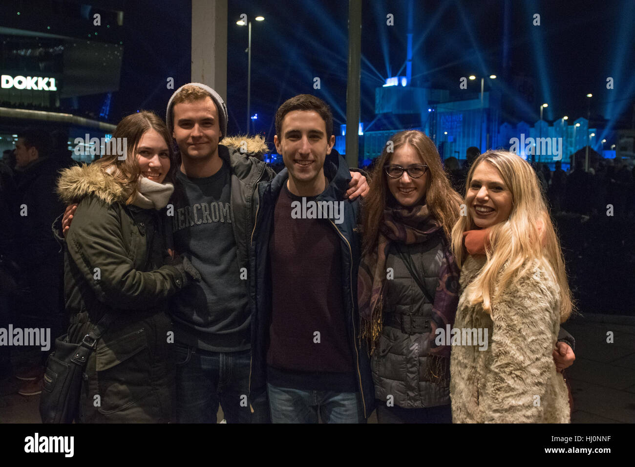Aarhus, Denmark. 21st Jan, 2017. From left to right Boglar, 18, Wiktor, 18, Marco, 19, Natalia, 19, and Christiana, 19. From Hungary, Italy, Poland and Moldova respectivley. They described the opening ceremony of Aarhus 2017 European Capital of Culture as 'spectacular' and were excited to see how the new atmosphere in the city would take affect. Credit: Matthew James Harrison/Alamy Live News Stock Photo