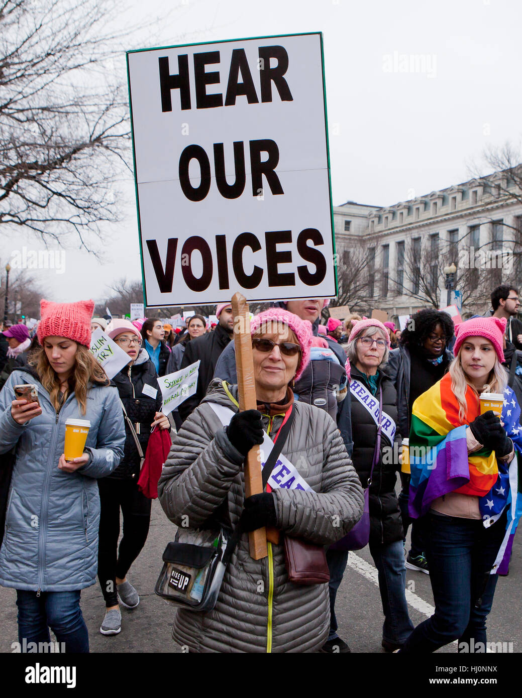 Washington, USA. 21st, January 2017.  Women's March draws hundreds of thousands to Washington, DC, just one day after the Presidential Inauguration celebrations of Donald Trump. Credit: B Christopher/Alamy Live News Stock Photo