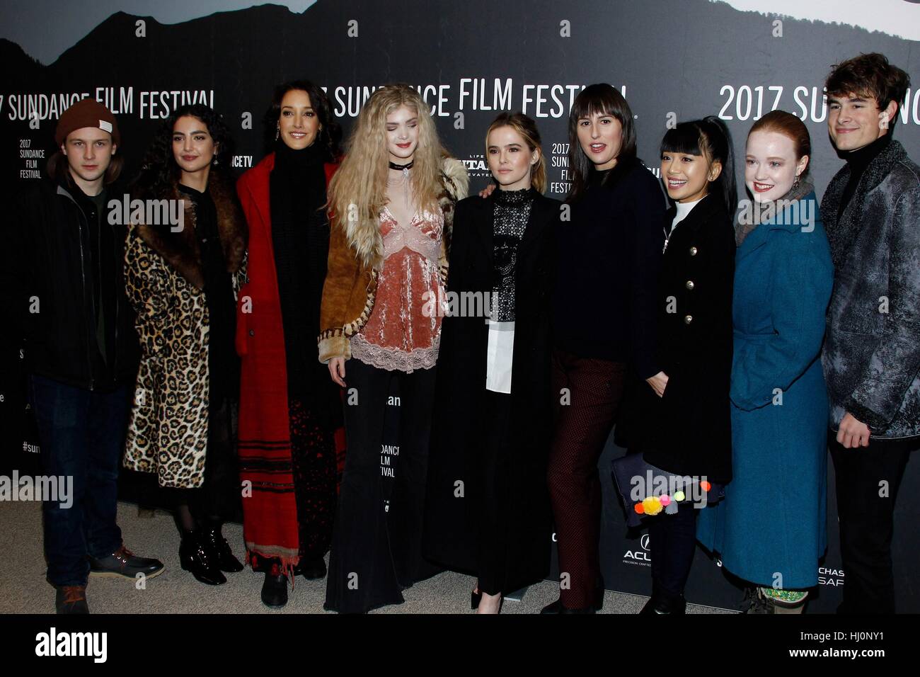 Utah, USA. 21st, January, 2017. Logan Miller, Medalion Rahimi, Jennifer Beals, Elena Kampouris, Zoey Deutch, Ry Russo-Young, Cynthy Wu, Liv Hewson, Kian Lawley at arrivals for Before I Fall Premiere at Sundance Film Festival 2017, Eccles Theatre in Utah, USA. Credit: James Atoa/Everett Collection/Alamy Live News Stock Photo