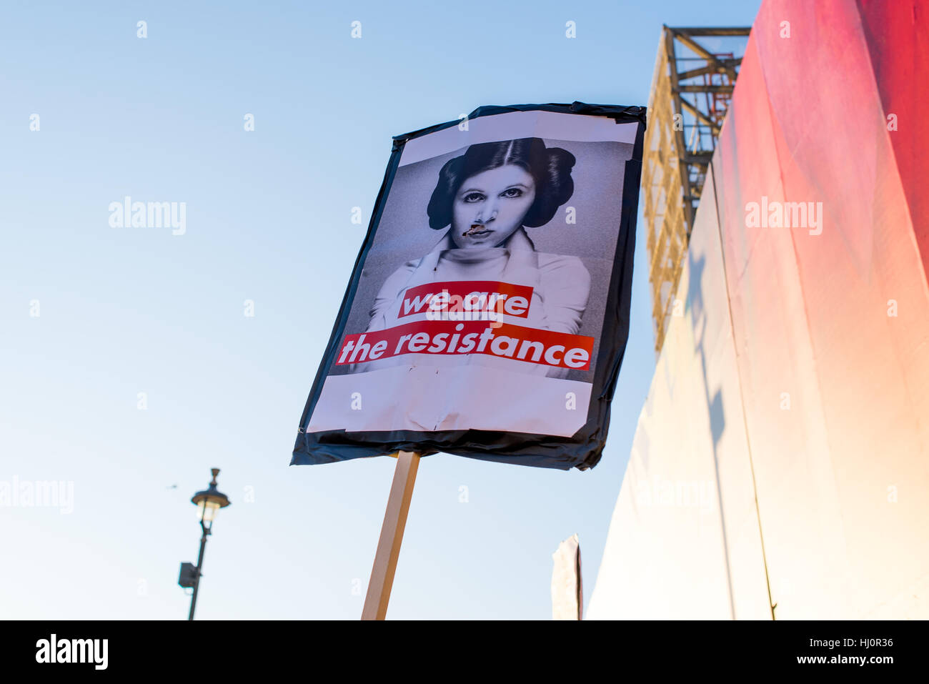 London, UK - 21 January 2017. Protest sign with Star Wars Princess Leia calling women for resistance against Trump. Thousands of protesters gathered in Trafalgar Square to attend Women's March against Donald Trump calling for human rights and equality. Stock Photo