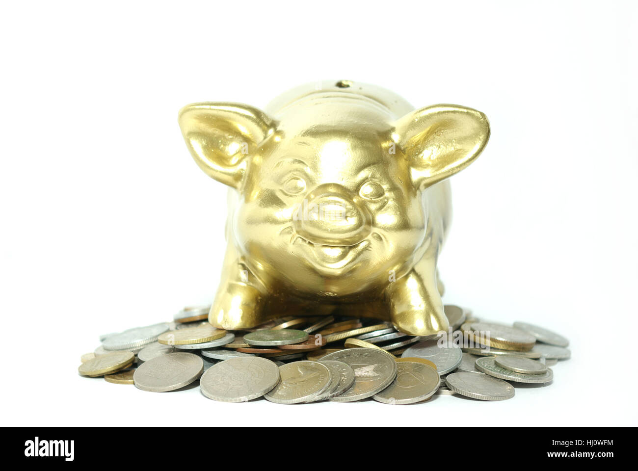 piggy bank isolated on white background with coins Stock Photo - Alamy