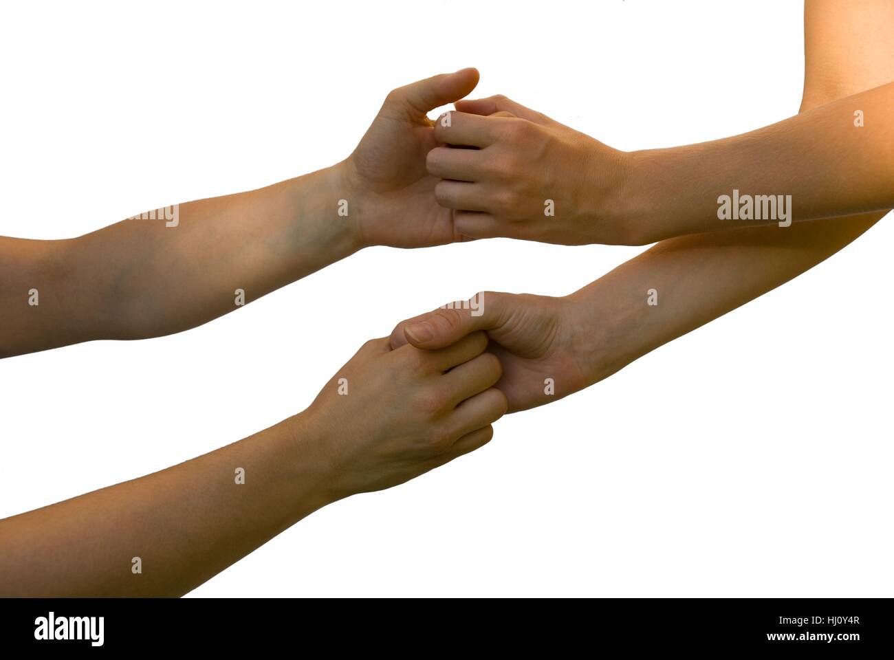 four hands and arms hold each other in an unusual way, isolated on