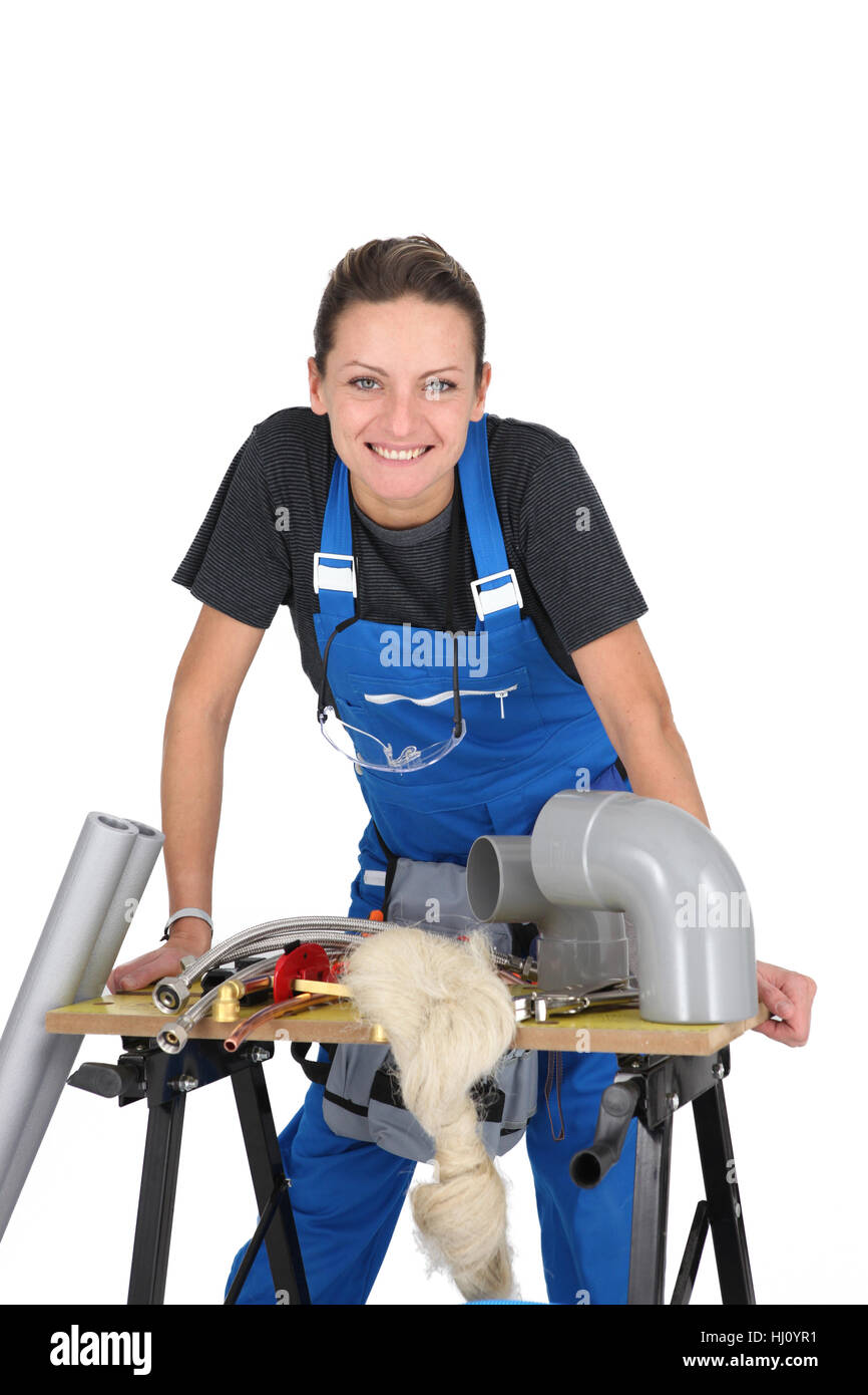 woman, female, standing, seat, bench, plumber, plumbing, leaning, work