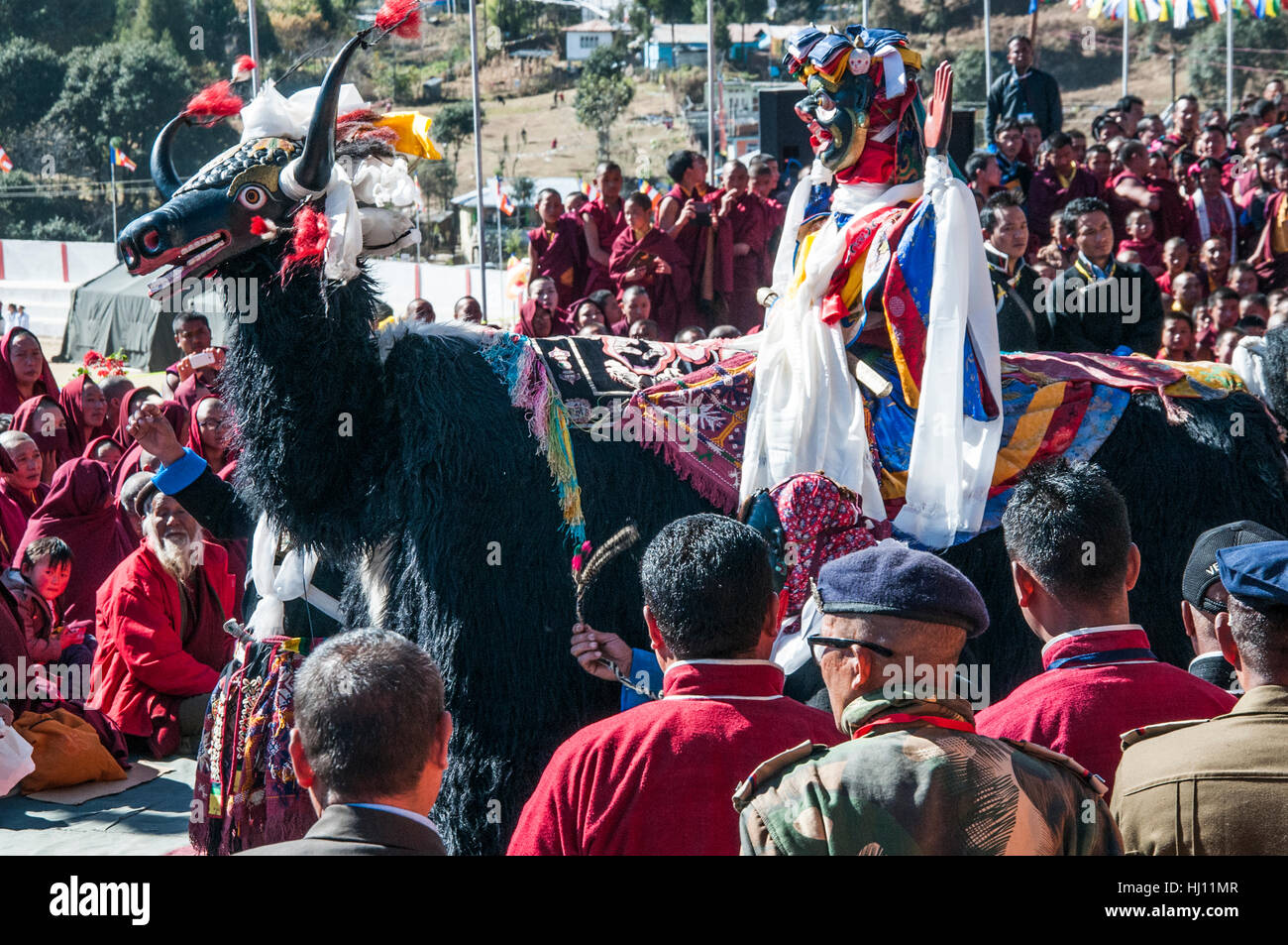 Dancers perform for the visiting 17th Karmapa Lama in Tawang near the Indo-Tibetan border, Arunachal Pradesh, northeast India Stock Photo