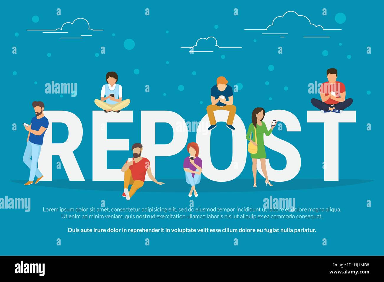 Repost concept illustration of young people using mobile devices laptop ...