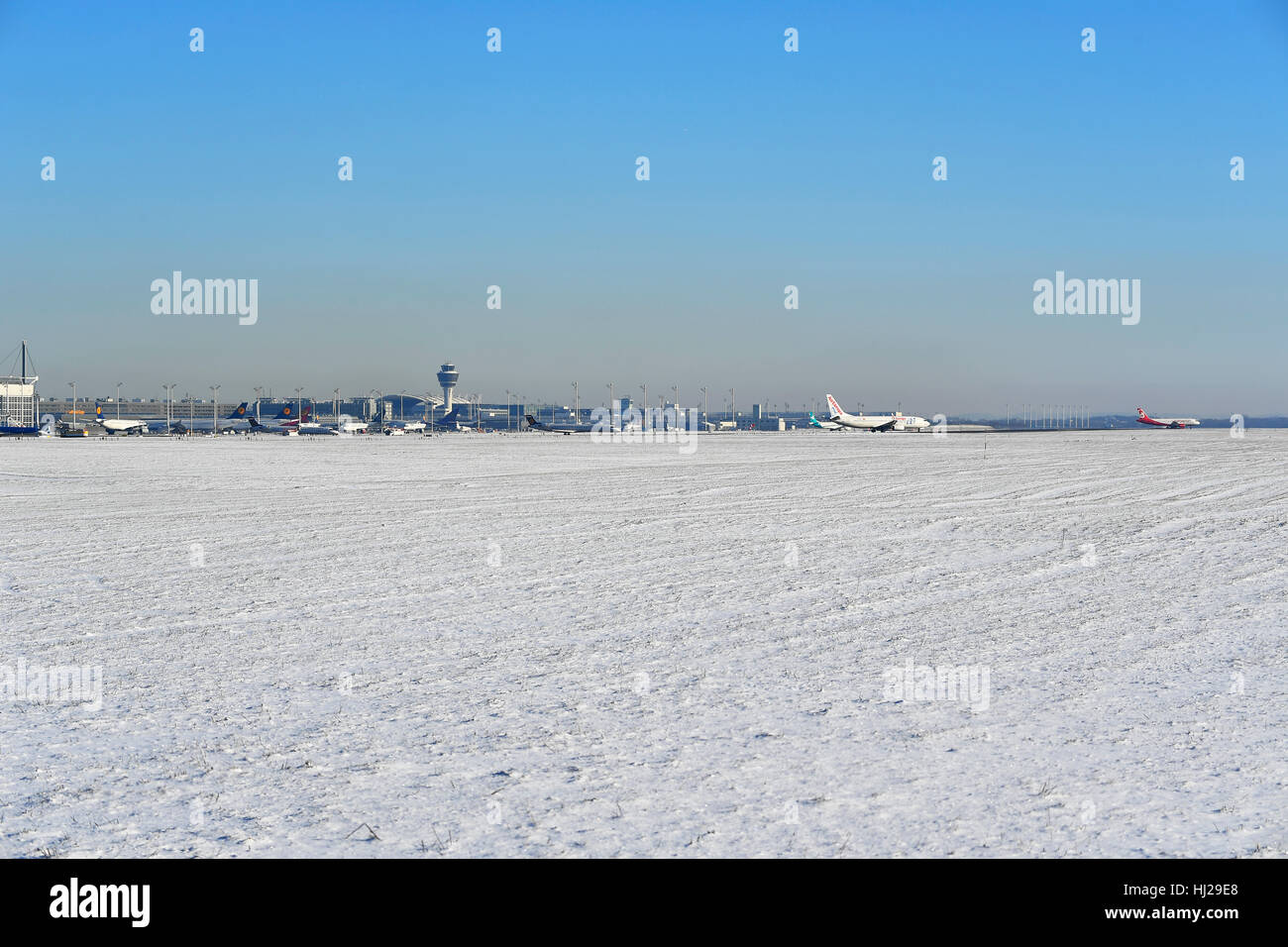 aircraft, a/c, airplane, plane, airlines, tower, terminal, air traffic, overview, view, MUC, Airport Munich, Bavaria, Germany, Stock Photo