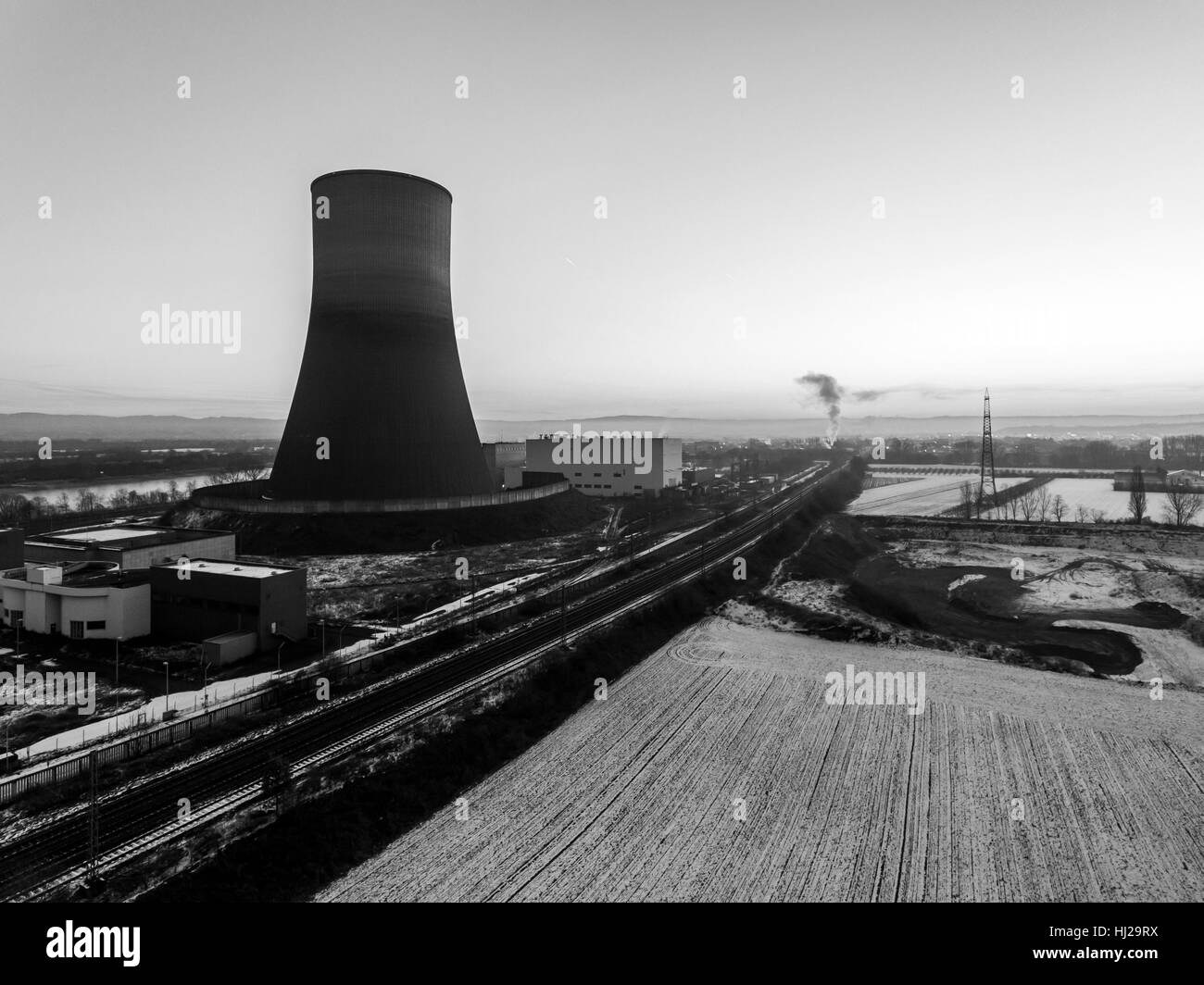 nuclear power plant sunset sunrise dawn black and white Radiation of soil  environment Stock Photo - Alamy