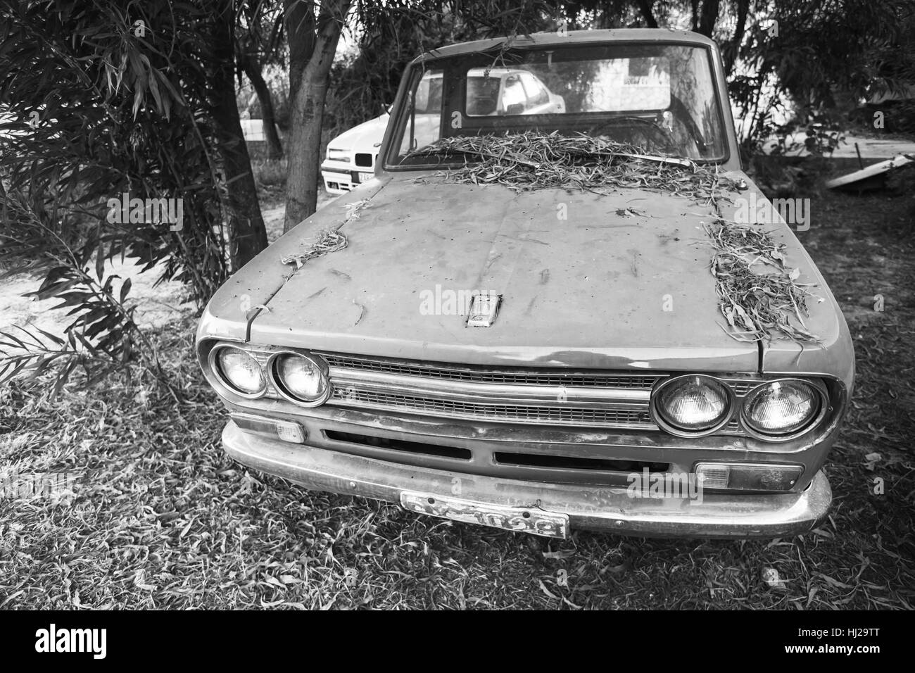 Zakynthos, Greece - August 16, 2016: closeup front view of old Datsun 1300 pickup car, black and white photo Stock Photo