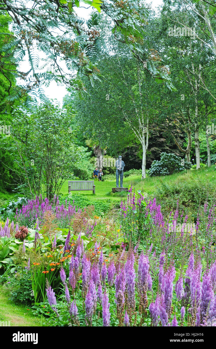 Bog garden.  Statue of Dr Jimmy Smart.  Marwood Hill Gardens. Stock Photo