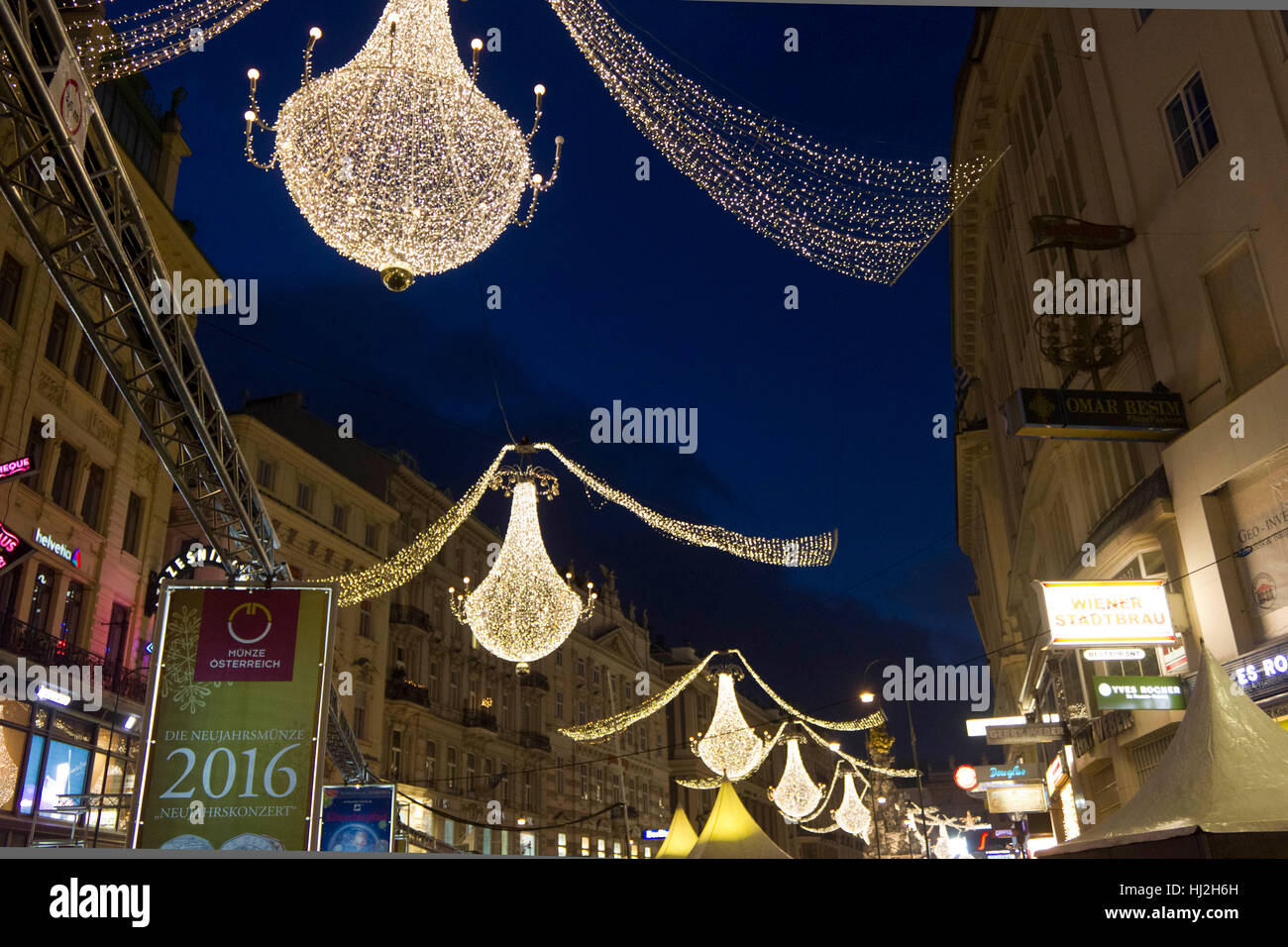 VIENNA, AUSTRIA - JANUARY 1 2016: Graben street in Vienna at night time during the holidays for the New Year Eve 2016 Stock Photo