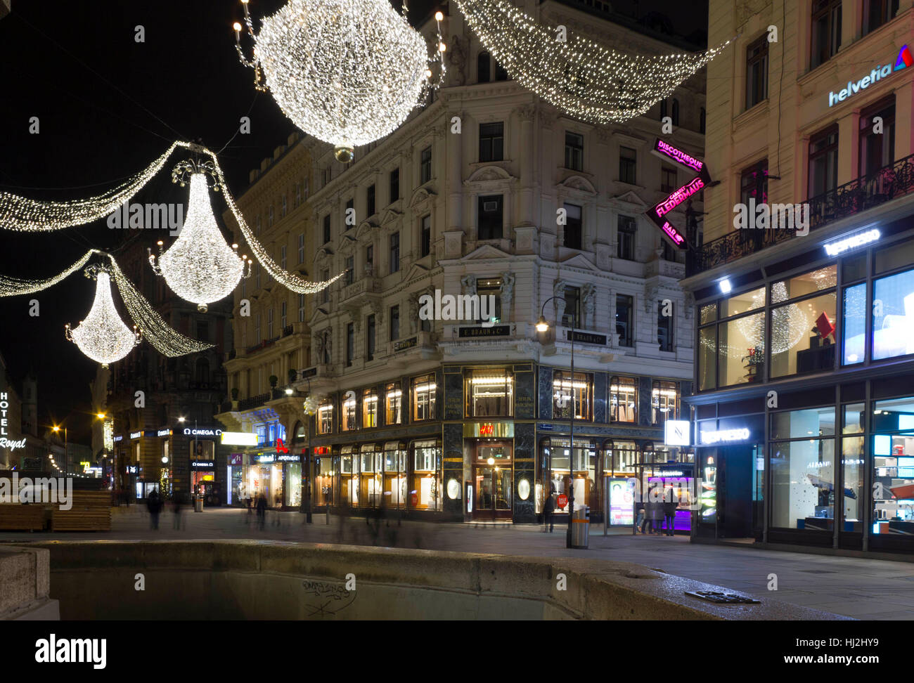 VIENNA, AUSTRIA - JANUARY 3 2016: Night view of Graben street in Vienna during Christmas holiday, long exposure shot Stock Photo