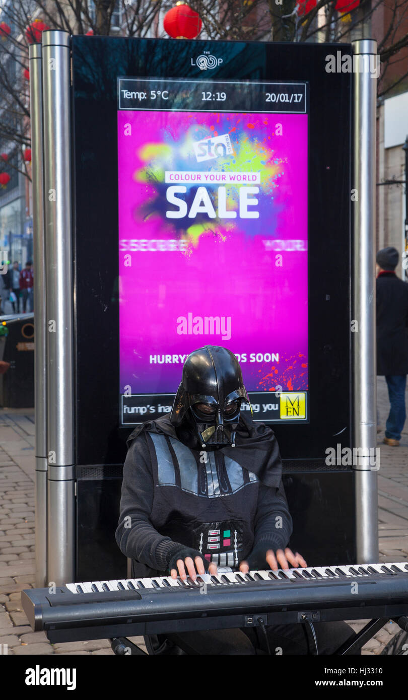 Darth Vader Busker musician playing Roland keyboard and entertaining ...