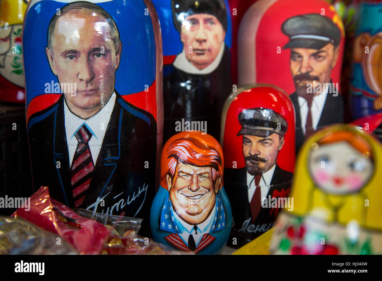 Russian traditional toys - Matryoshka with a portrait of Donald Trump in souvenir kiosk on the Red square in Moscow, Russia Stock Photo