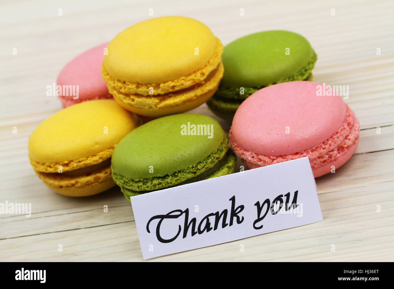 Thank you card with colorful delicious macaroons Stock Photo