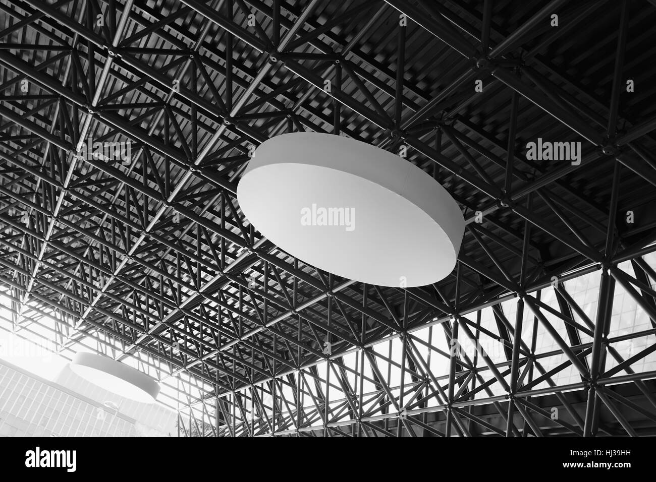 Metal Construction Ceiling With Lights In Shopping Center