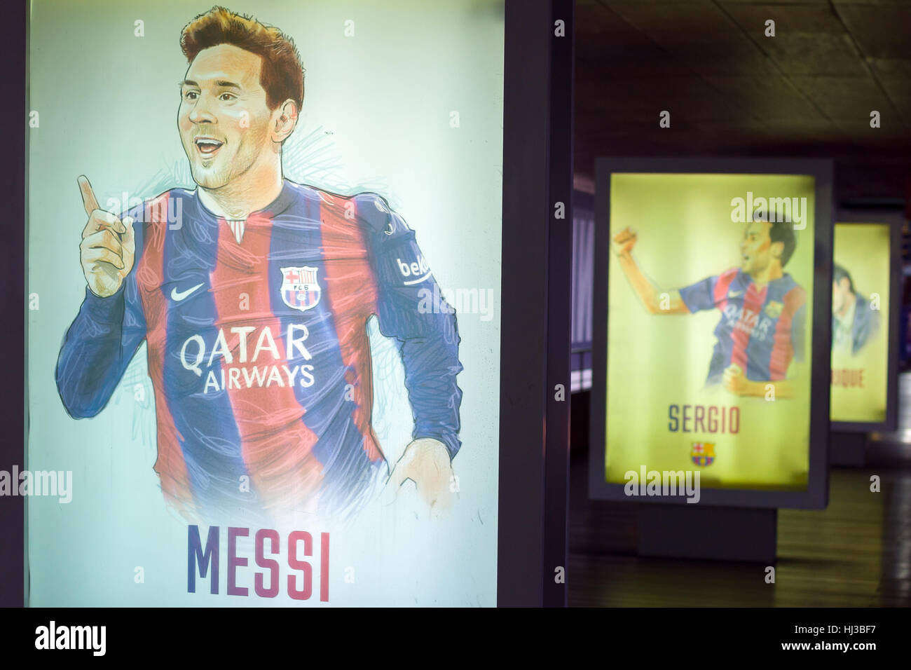 Barcelona, Spain - September 22, 2014: Hand-drawn footballers posters at the museum FC Barcelona. Lionel Messi. Nou Camp, Barcelona, Catalonia, Spain Stock Photo