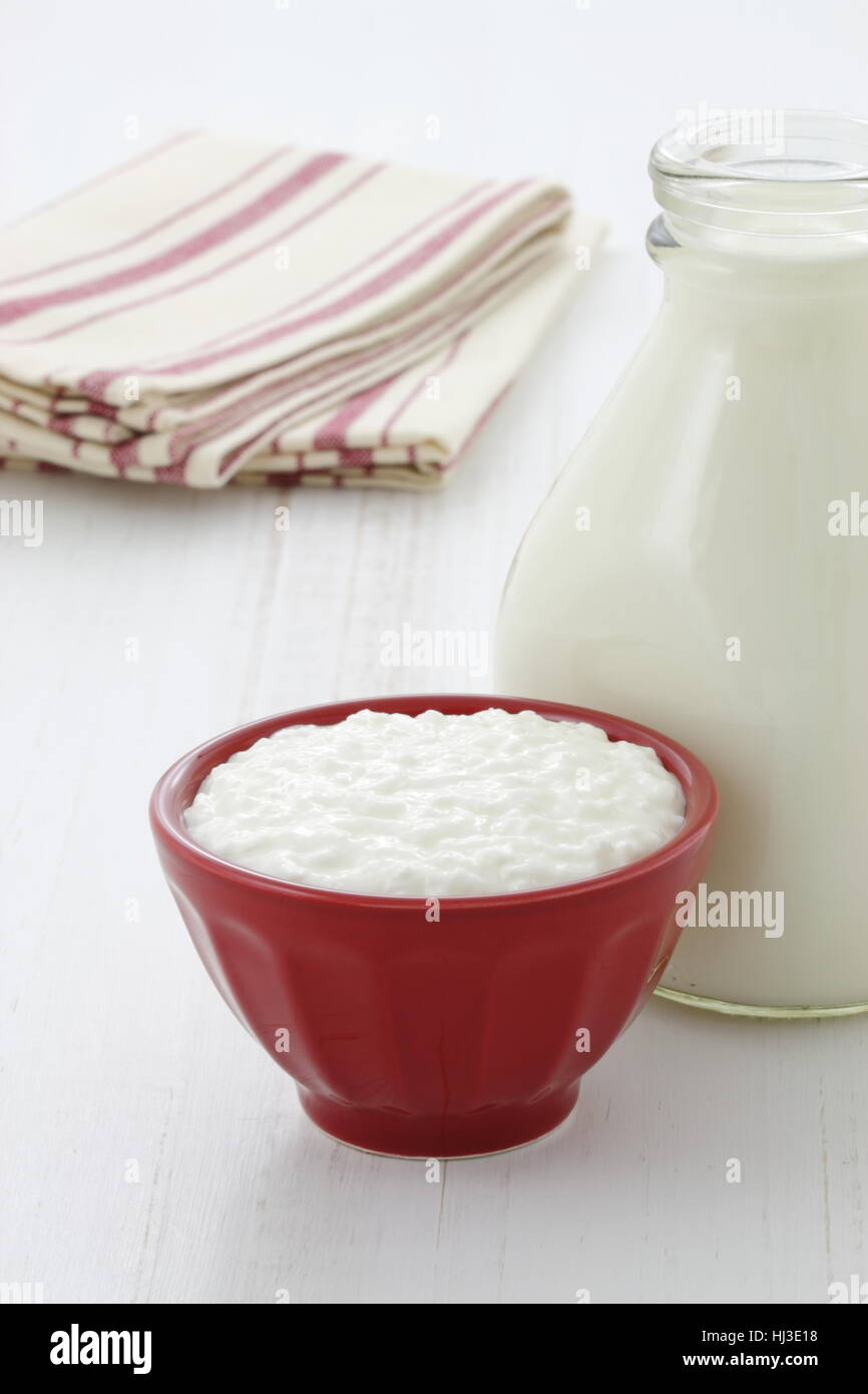 Cottage Cheese And Fresh Milk On Vintage French Table Linen Stock