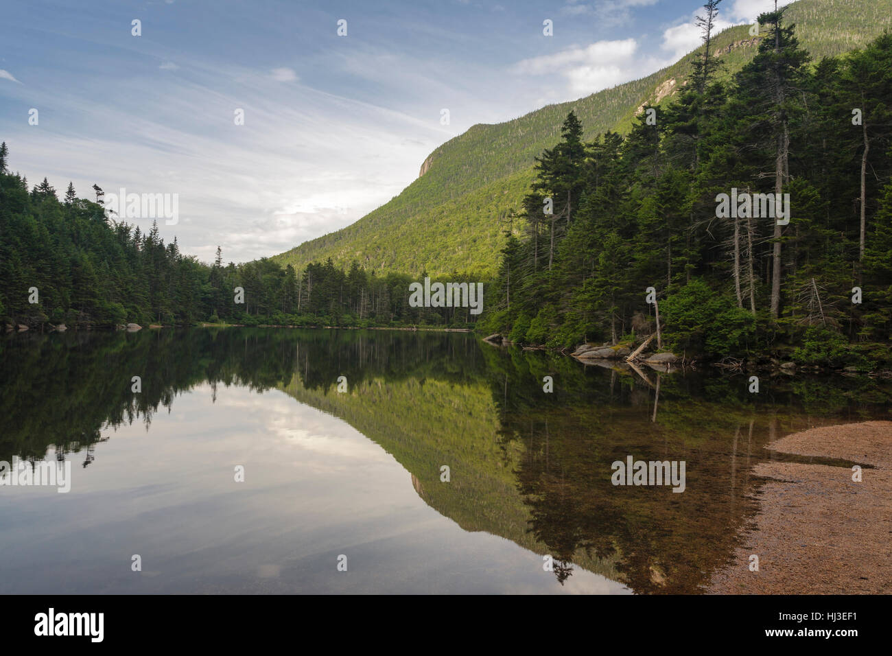 Greeley Ponds Scenic Area - Reflection of mountain in Upper Greeley Pond in the White Mountains, New Hampshire USA. Stock Photo