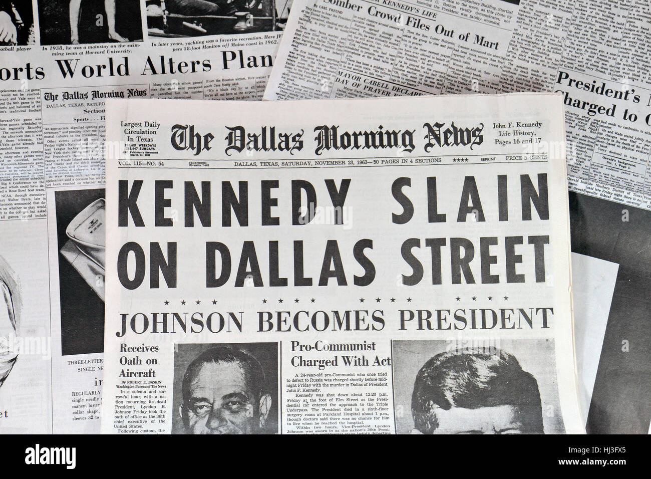 Front page of the Dallas Morning News (replica copy) on 23rd November 1963 reporting the news of the assassination of John F Kennedy on 22nd Nov. Stock Photo