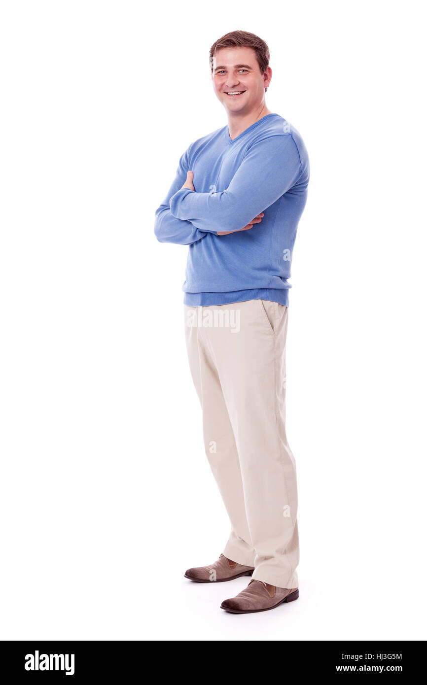 adult man in casual clothes with blue sweater isolated against white background Stock Photo