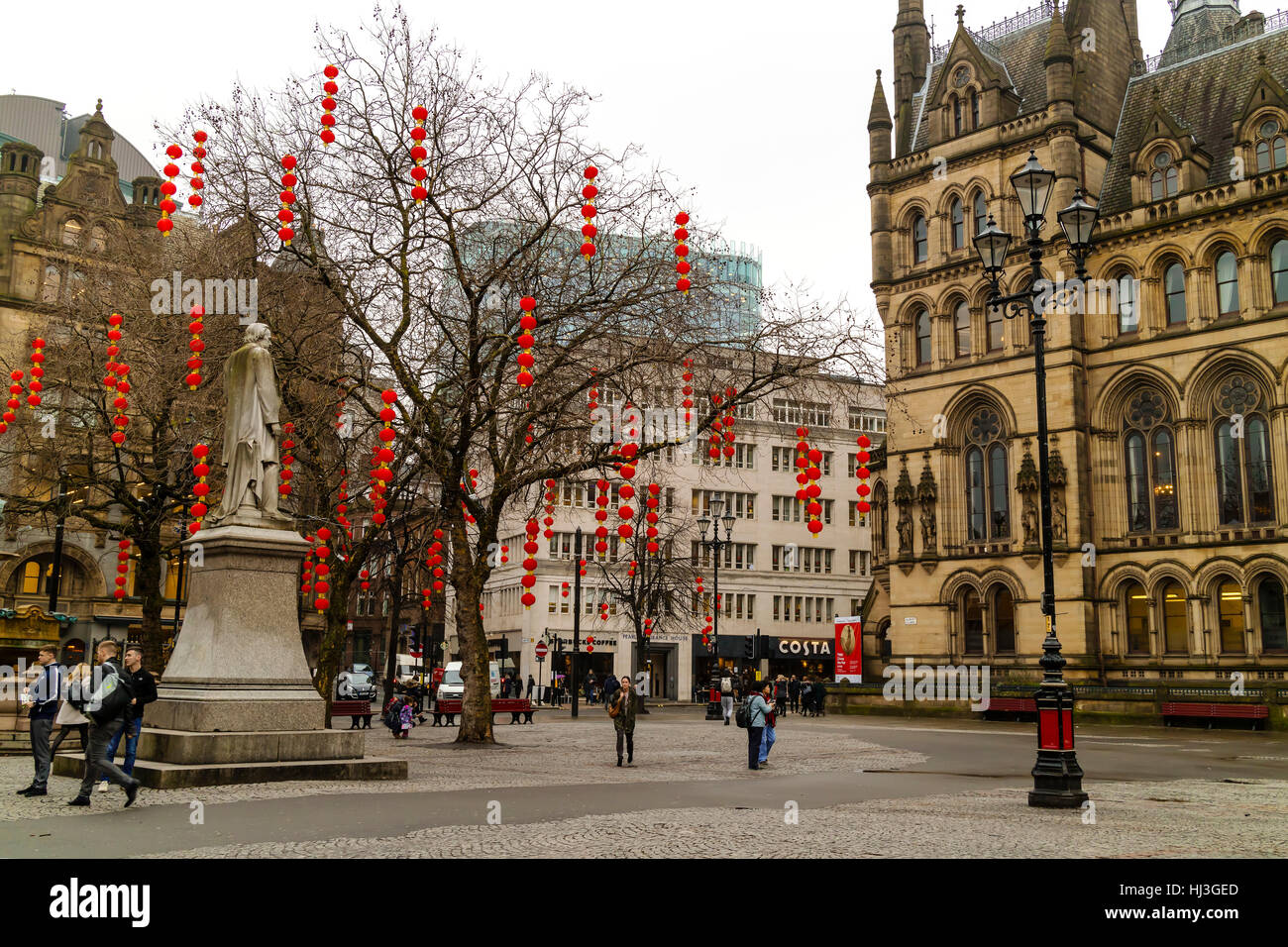 Red lanterns decorations in Manchester's Albert Square in preparation for Chinese New Year. Stock Photo