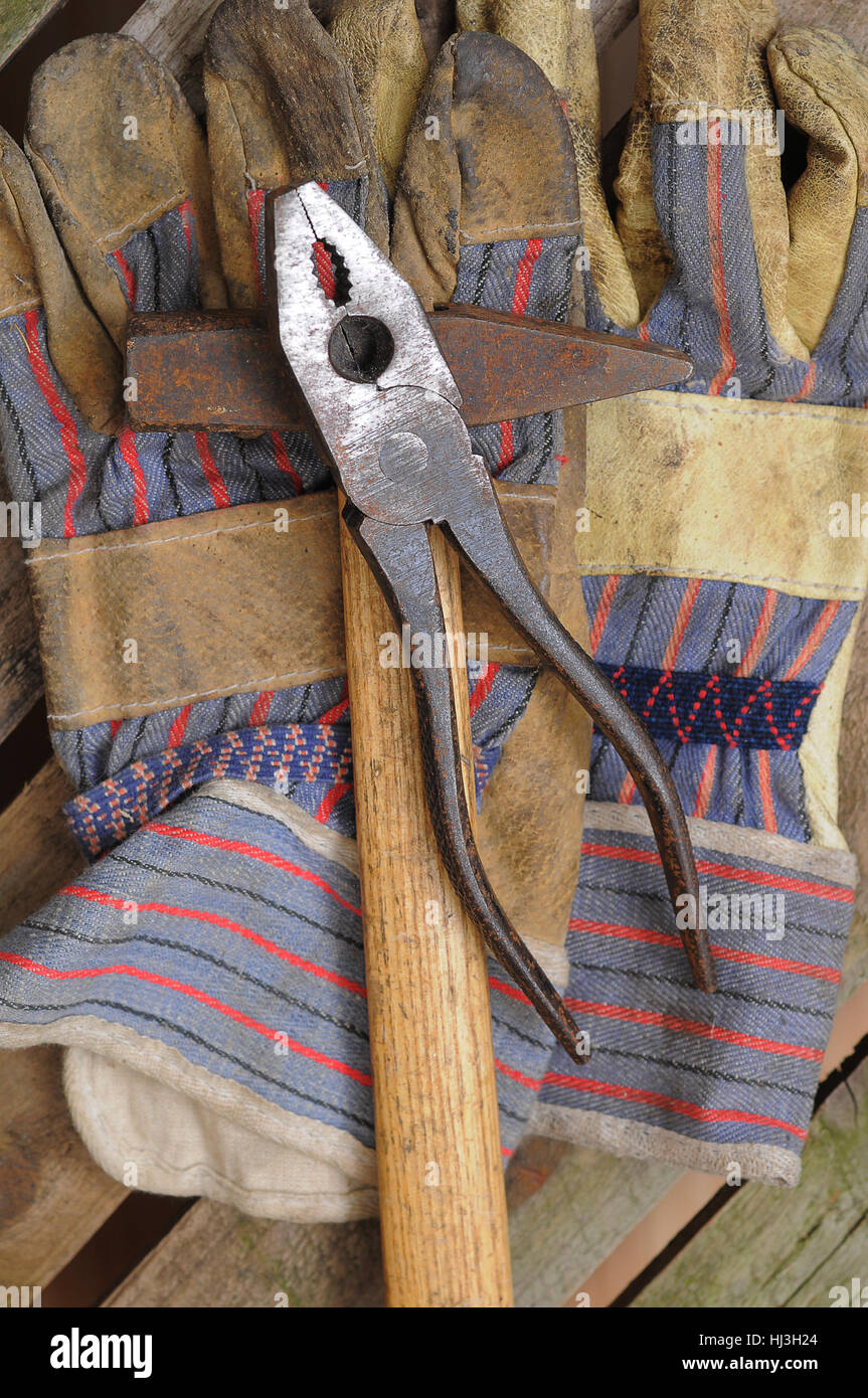 gloves, do-it-yourself enthusiast, sledges, gavel, hammer, pliers, tongs, tool, Stock Photo