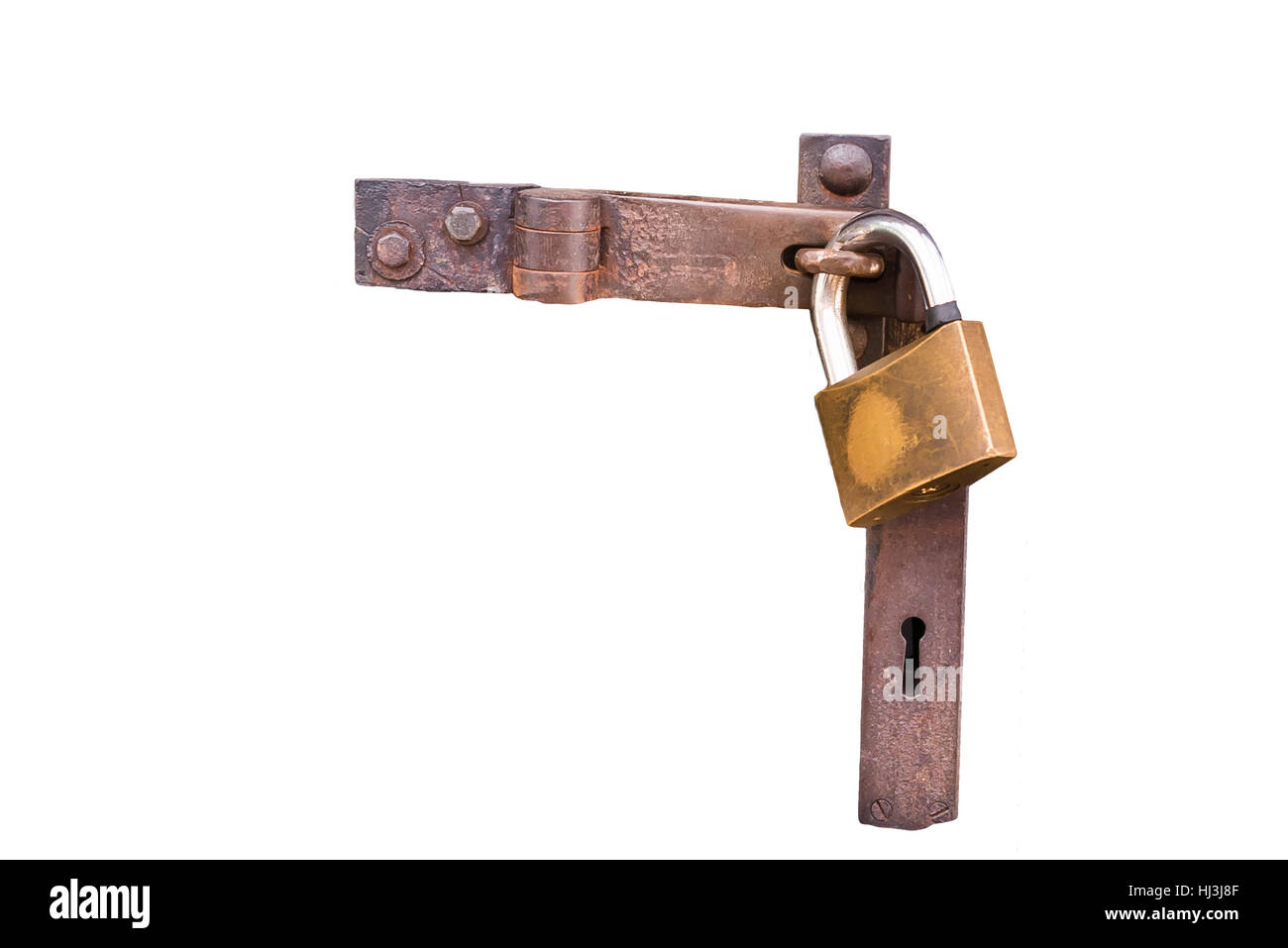 Close up view of a padlock with an old metal hasp and staple on white isolated background Stock Photo
