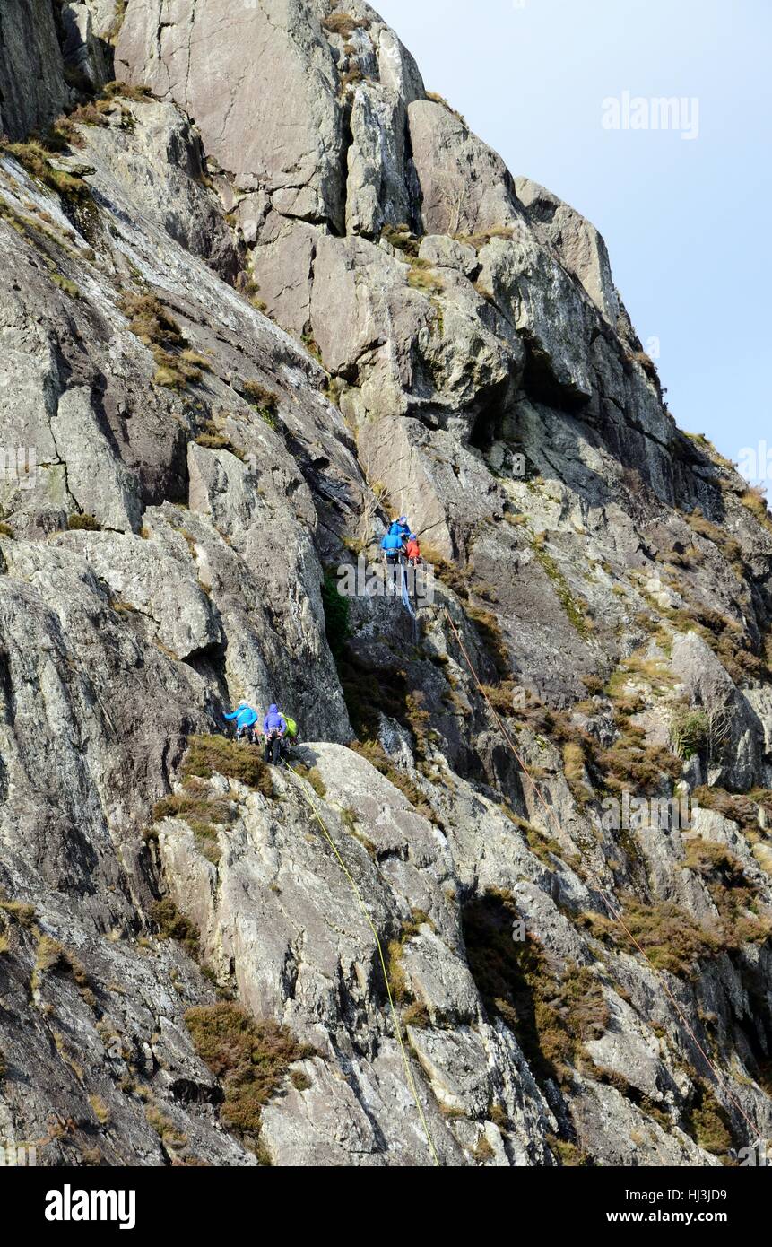 Climbers on Moelwyn Mawr mountain Gwynedd Snowdonia National Park Wales Stock Photo