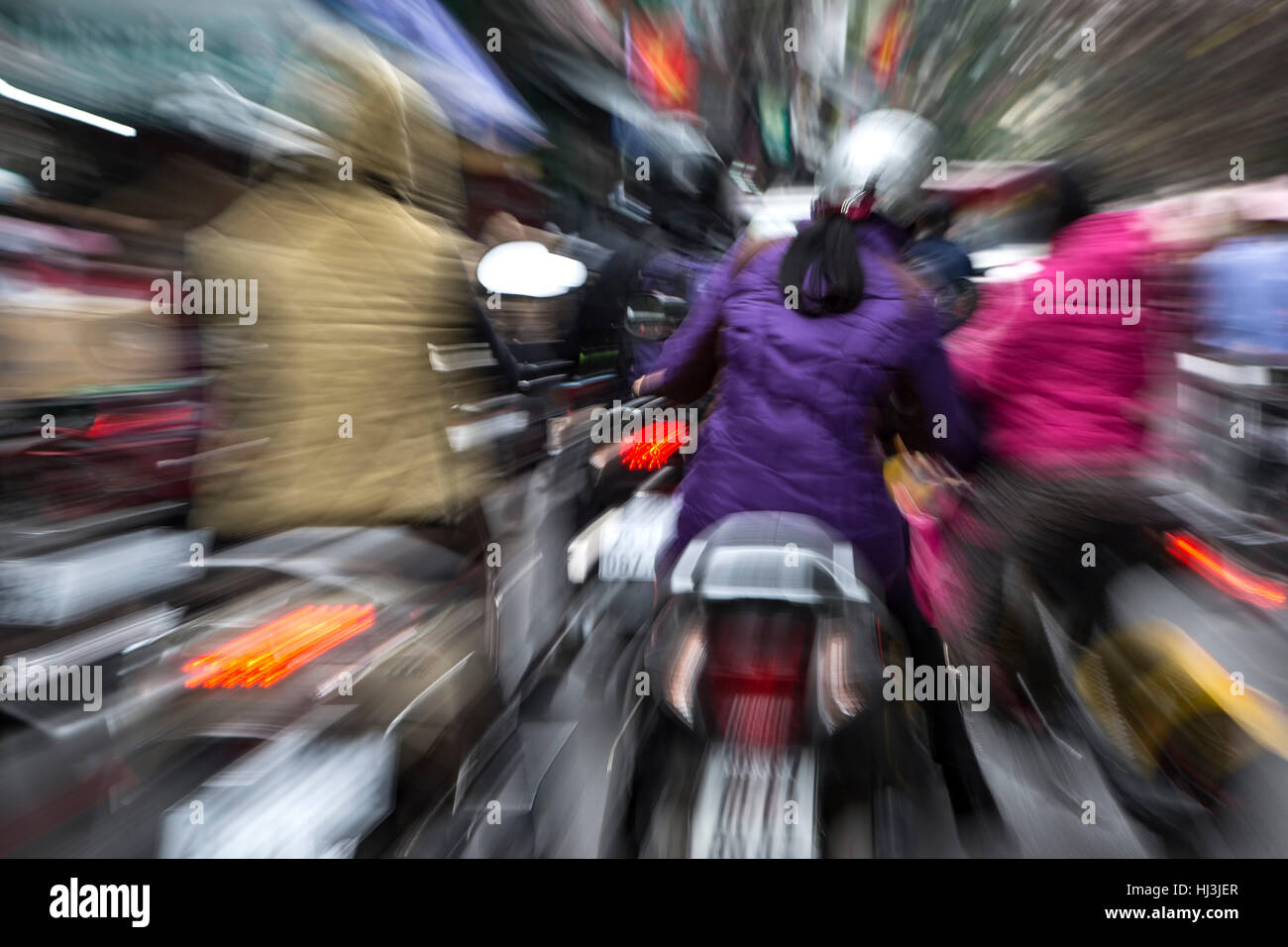 'Zoomed' motor scooters, Old Quarter, aka The 36 Streets, Hanoi, Vietnam Stock Photo