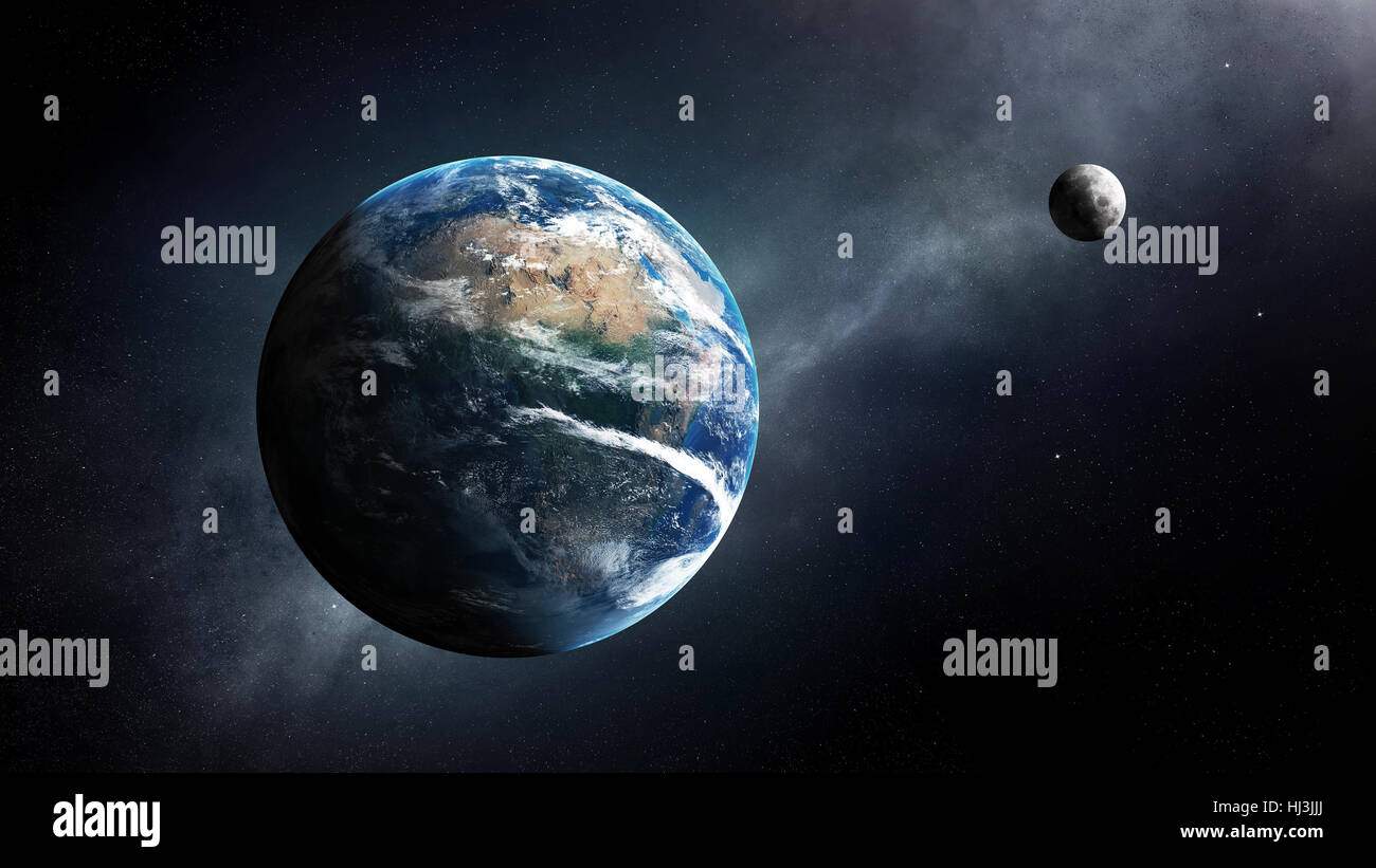 Earth and moon in space with milky-way ( Elements of this 3D render furnished by NASA - Texture map from http://visibleearth.nasa.gov ) Stock Photo